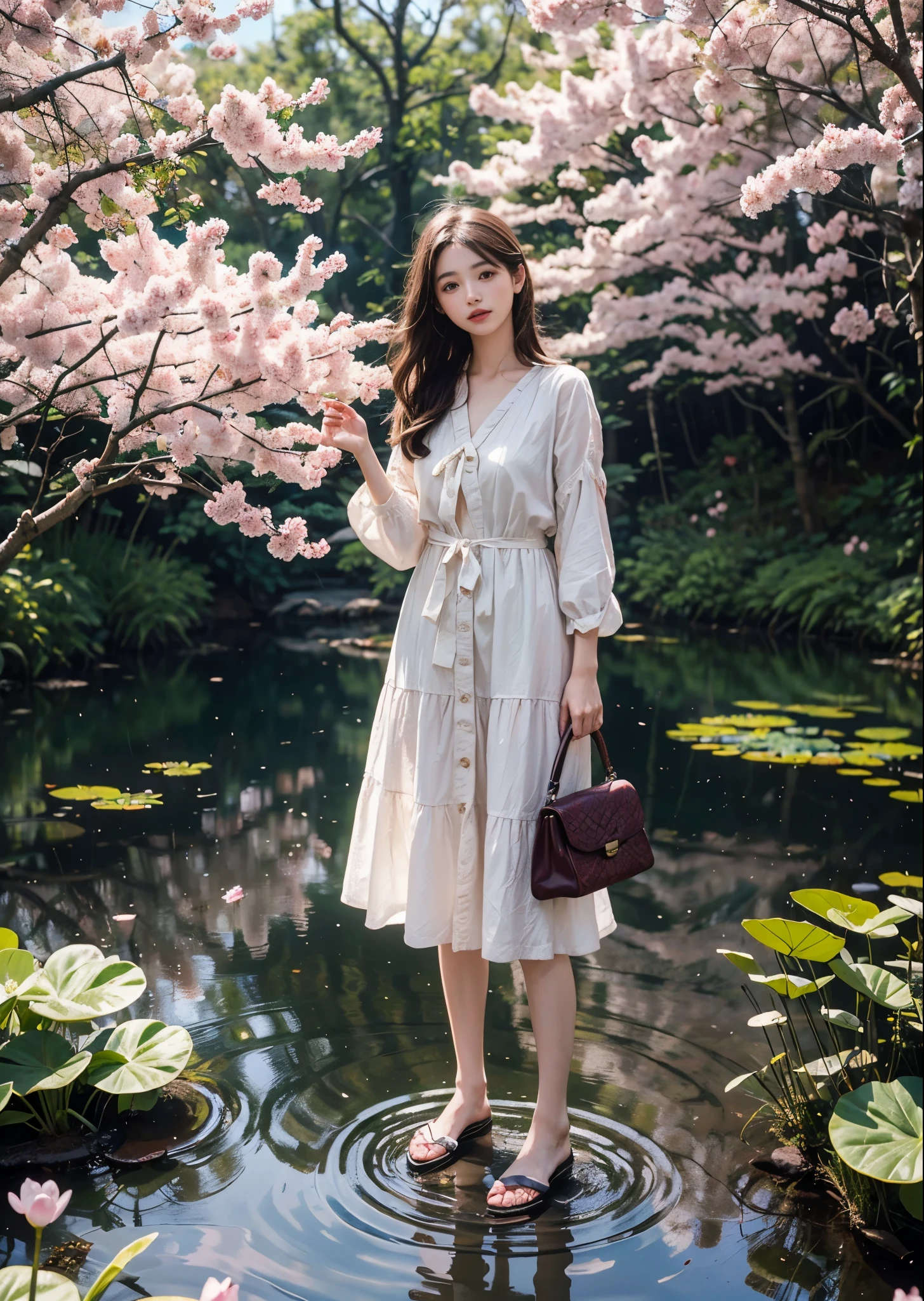 A girl standing by a pond in the forest、There are many cherry blossom trees around the pond.、The cherry blossoms are in full bloom and petals are floating in the pond.、 (high color saturation,catch light:1.0), (highly detailed skin), (highest quality:1.0), (High resolution:1.0) ,(photo-realistic:1.0), (super detailed:1.0), (8k, RAW photo:1.1)