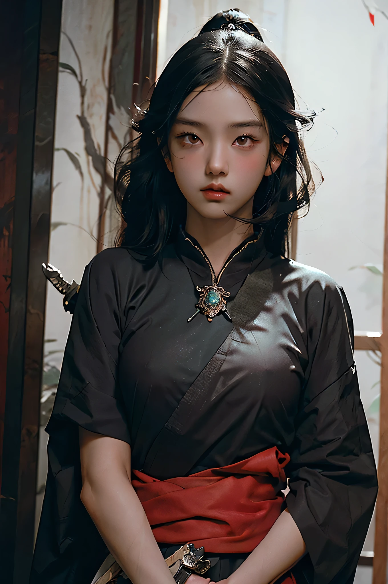 (RAW photo, 4k, realistic, exquisitely detailed skin), masterpiece, best quality, official art, unity 8k wallpaper, ultra detailed,(dark scene,low key,soft lighting:1.3), cinematic look,high saturation,best anatomy,volumetric fog,
a samurai girl, slim body, sexy, charming, seductive,cowboy shot,
1girl,weapon,sword,long hair,black hair,holding,solo,holding weapon,blood,holding sword,arm guards,simple background,blood on weapon,looking at viewer,black eyes,tabi,black hair, messy long hair
vivid illumination,
harmonious composition,
enchanting elegance,
atmospheric depth,
cinematic lighting,
immersive atmosphere,
exceptional detail,
(stunning visuals),