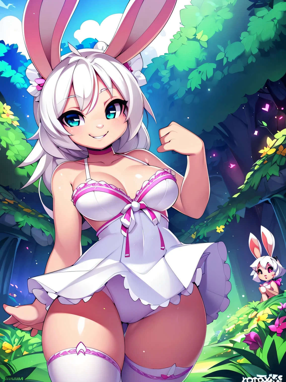 (8k, highest quality, ultra-high detail), (4k, masterpiece), volumetric lighting, bloom, enchanted garden, being watched, ((cute, shortstack, young, bunny girl)), (magenta skin, pink fur, tiny waist, medium breasts, white hair), frilly white dress, thigh highs, happy smile, shiny skin, (uploaded to e621, by doxy, by krokobyaka, by oughta, by chromapan, by slugbox, by xylas, by tsampikos, by teranen),