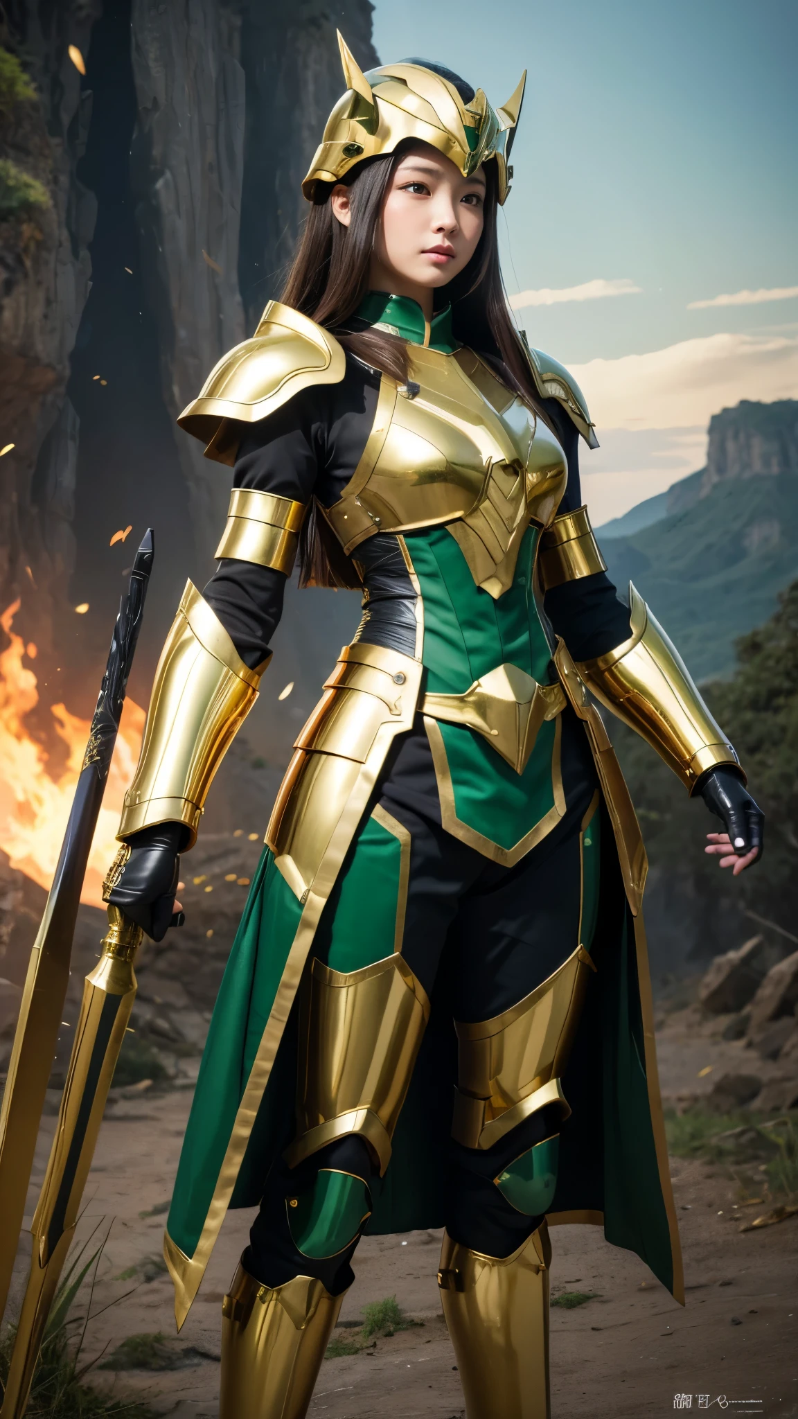 masterpiece,highest quality,ultra high resolution),japanese woman, very beautiful girl, Naïve girl、perfect limbs、perfect anatomy、radiant beautiful skin、Moist eyes、brown shiny hair、Colors and landscapes of youth、Premonition of Love Green and Gold Uniform、 metallic Green armor, high quality costumes, brass armor coat, masterpiece衣装, Green armor, Avan Uniform, gilded black uniform, gold armor suit, quality commander, combat uniform, Embroidered uniform guard, gold obsidian armor, smooth gold armor