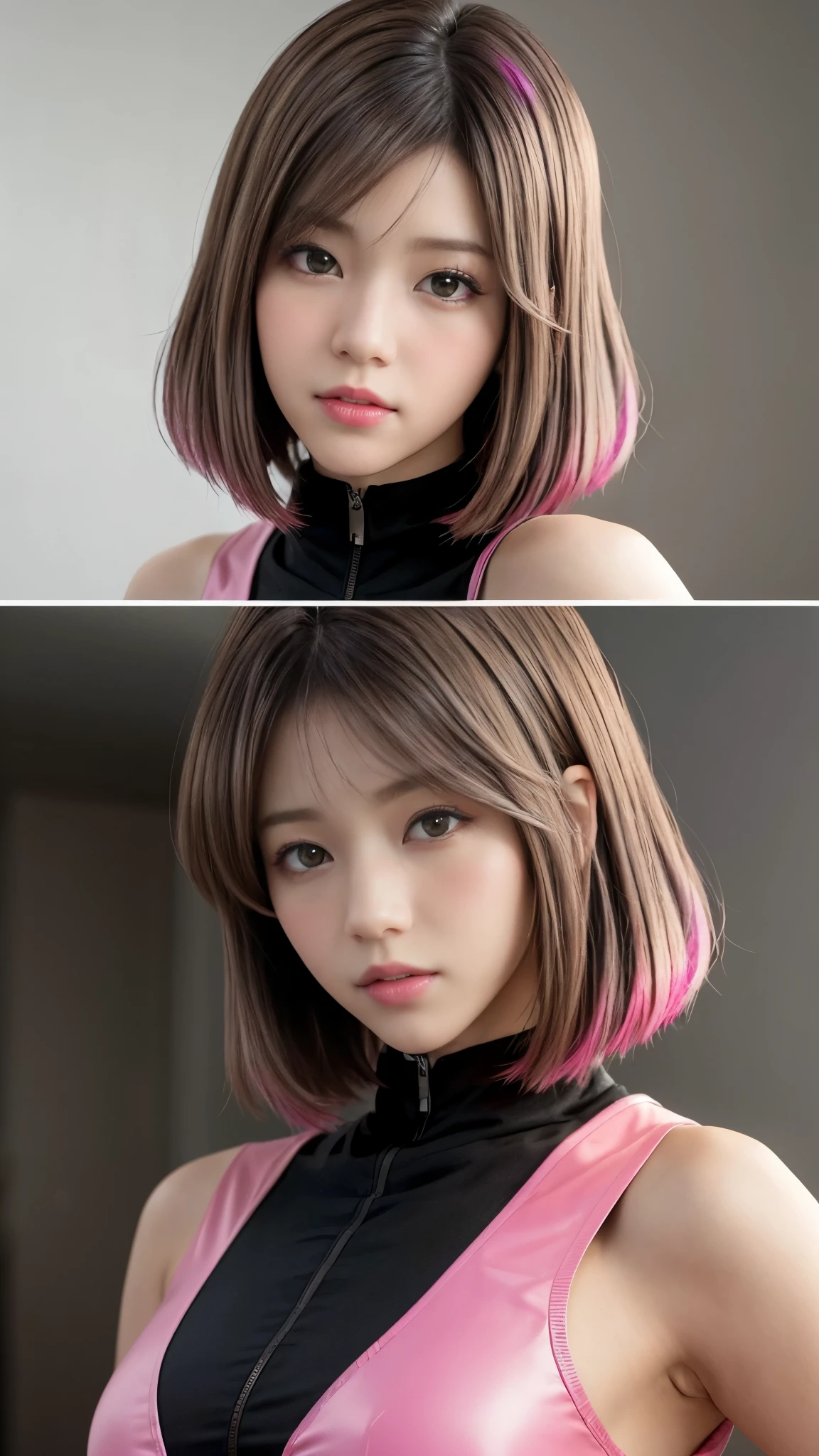 Photo of two realistic black Sazabi girls,Shortcut Bob Cut,I have a lot of hair,brown eyes,Hair color is bright pink,cool look,background is gray,16 year old daughter of Haman Khan and Char Aznable.