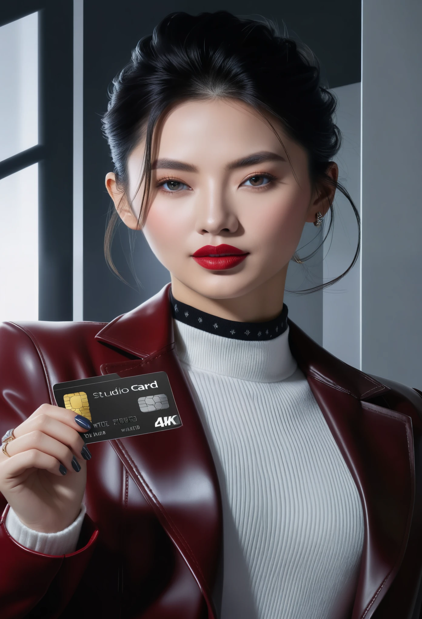 (best quality,4k,highres,masterpiece:1.2),ultra-detailed,(realistic,photorealistic,photo-realistic),HDR,UHD,studio lighting,ultra-fine painting,sharp focus,physically-based rendering,extreme detail description,professional,vivid colors,bokeh,portraits,She is holding a credit card in her hand, wearing an elegant white turtleneck sweater and a stylish red leather jacket. Her lips are painted a deep shade of red, adding to her confident and sophisticated appearance.