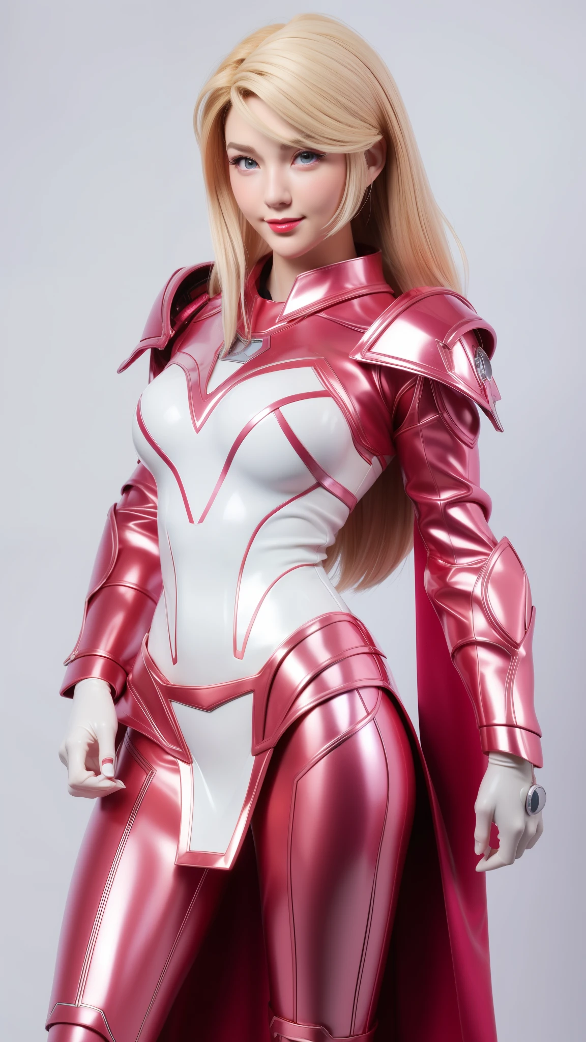 beautiful face woman、blonde、white background、 Beautiful woman、18-year-old、Beautiful woman、ultra-realistic photography、high resolution photos、Red Lipstick Andalorian Style Metal Armor Skirt Suit、Not much skin exposed、Don&#39;t cut your head off the screen、tartan check、there&#39;s pink there、facing the front