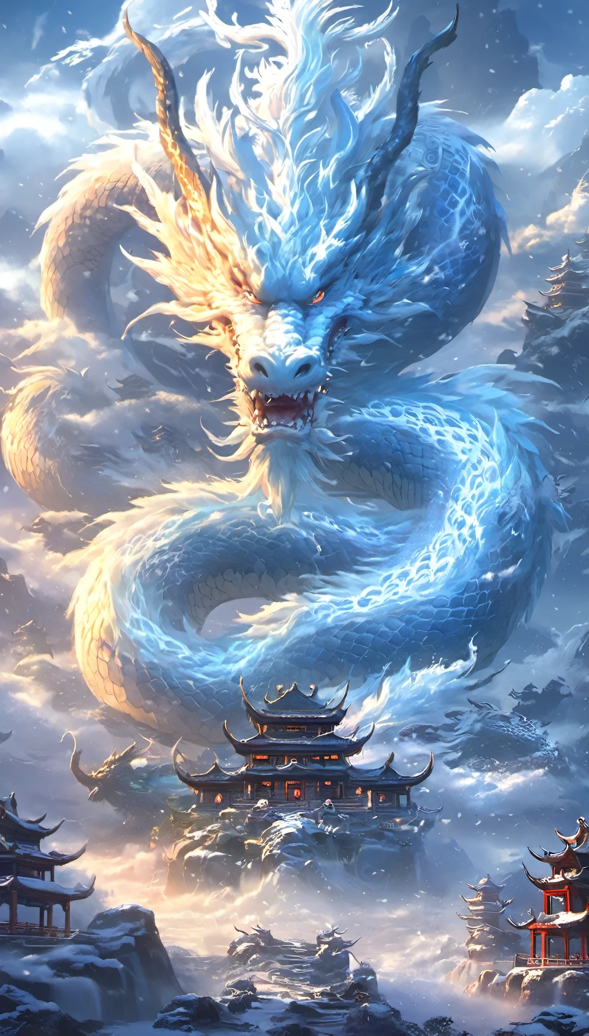 arian landscape,in fantasy world,Chinese traditional architecture,  dragon，snow，cloud,Ocean,Sky,Mountain, thunder，{One head}