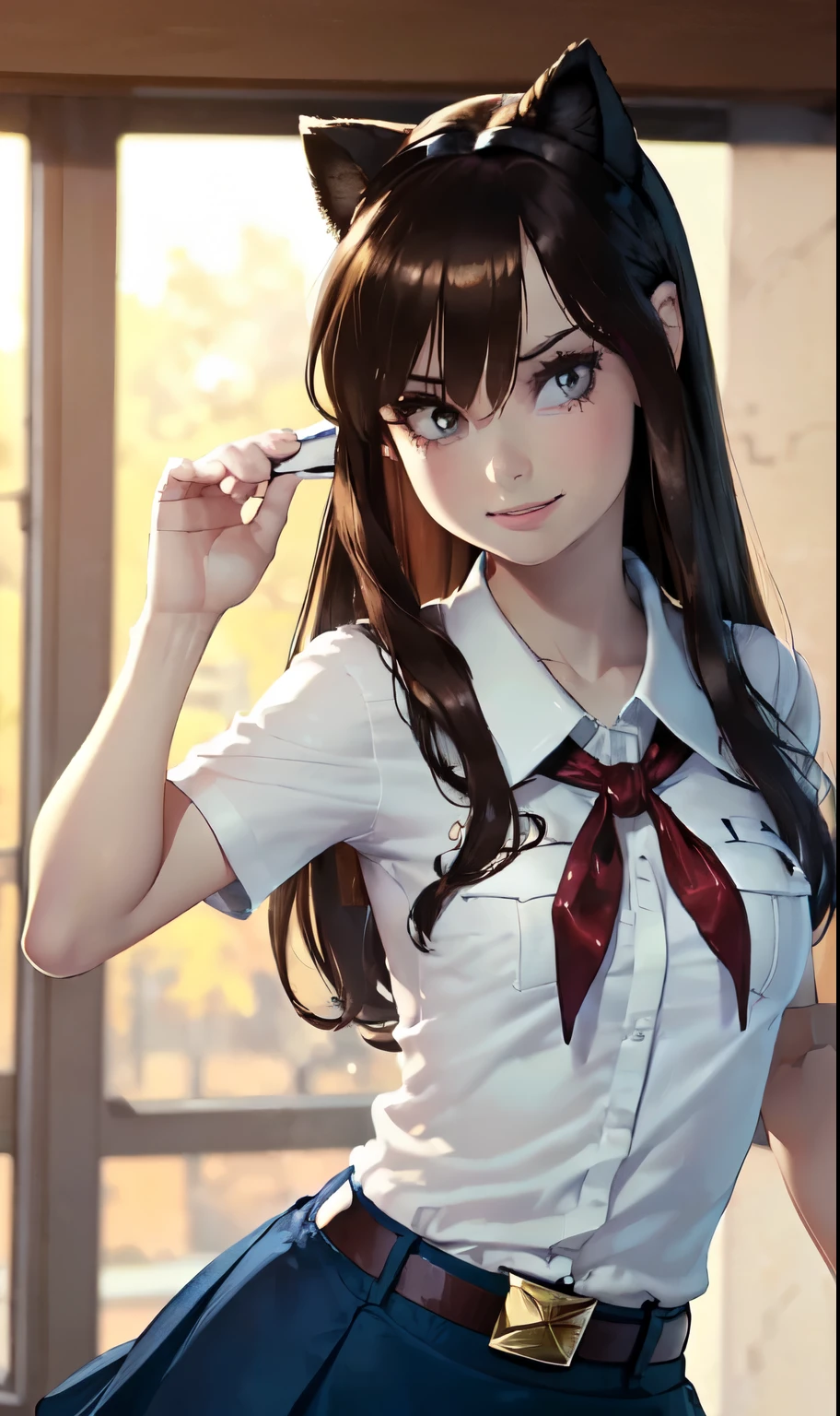 detailed eyes, full height, masterpiece, (((skinny body))), ((curvy, hands behind her back, seductive position)), (looking at viewer, 8k vector photography, very young girl, beautiful brown eyes, realistic lighting, detailed outfit, realistic facial features, hyper detail, ((perfect angle, perfect pose)), ((very long brown disheveled hair)), a strand between eyes, flat chest, pioneer neckerchief, pioneer movement soviet pioneer, micro blue skirt, bangs, shirt, school uniform, collarbone, very toght white shirt, short sleeves, collared shirt, belt, neckerchief, eyelashes, red neckerchief, pocket, breast pocket, parororo, smiling, sashagrey, band on head with fake cat ears