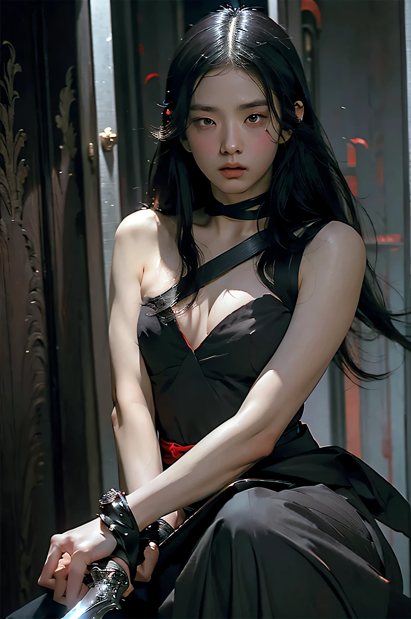 (RAW photo, 4k, realistic, exquisitely detailed skin), masterpiece, best quality, official art, unity 8k wallpaper, ultra detailed,(dark scene,low key,soft lighting:1.3), cinematic look,high saturation,best anatomy,volumetric fog,
a samurai girl, slim body, sexy, charming, seductive,cowboy shot,
1girl,weapon,sword,long hair,black hair,holding,solo,holding weapon,blood,holding sword,arm guards,simple background,blood on weapon,looking at viewer,black eyes,tabi,black hair, messy long hair
vivid illumination,
harmonious composition,
enchanting elegance,
atmospheric depth,
cinematic lighting,
immersive atmosphere,
exceptional detail,
(stunning visuals),