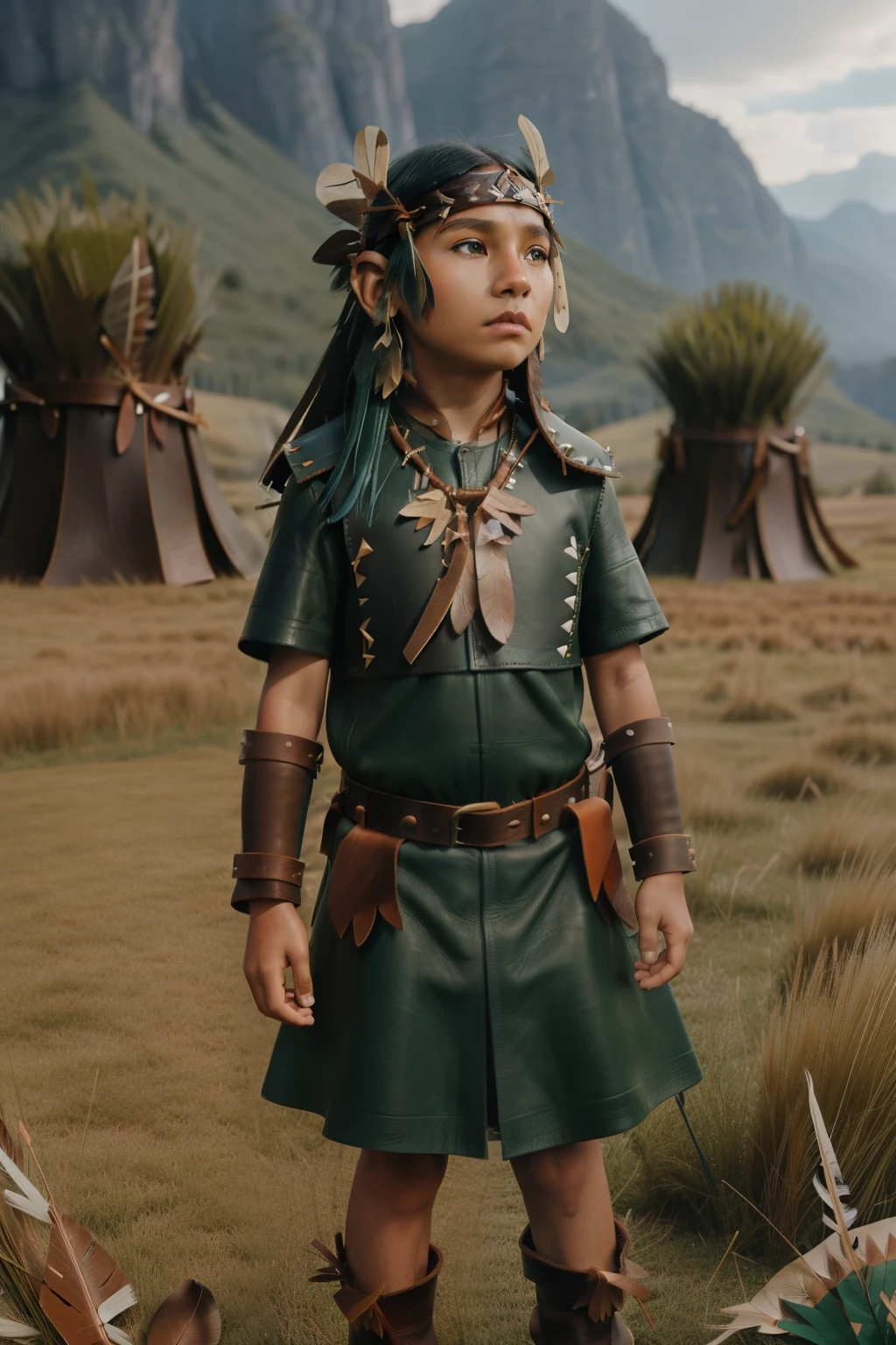Fairytale Kingdom of Fantasia. ((((10-year-old)) Atreyu)), olive-green skin, athletic, brave, wise, in a field of tall grass. ((((leather indigenous clothings)))), ((bluish-black hairstyle))