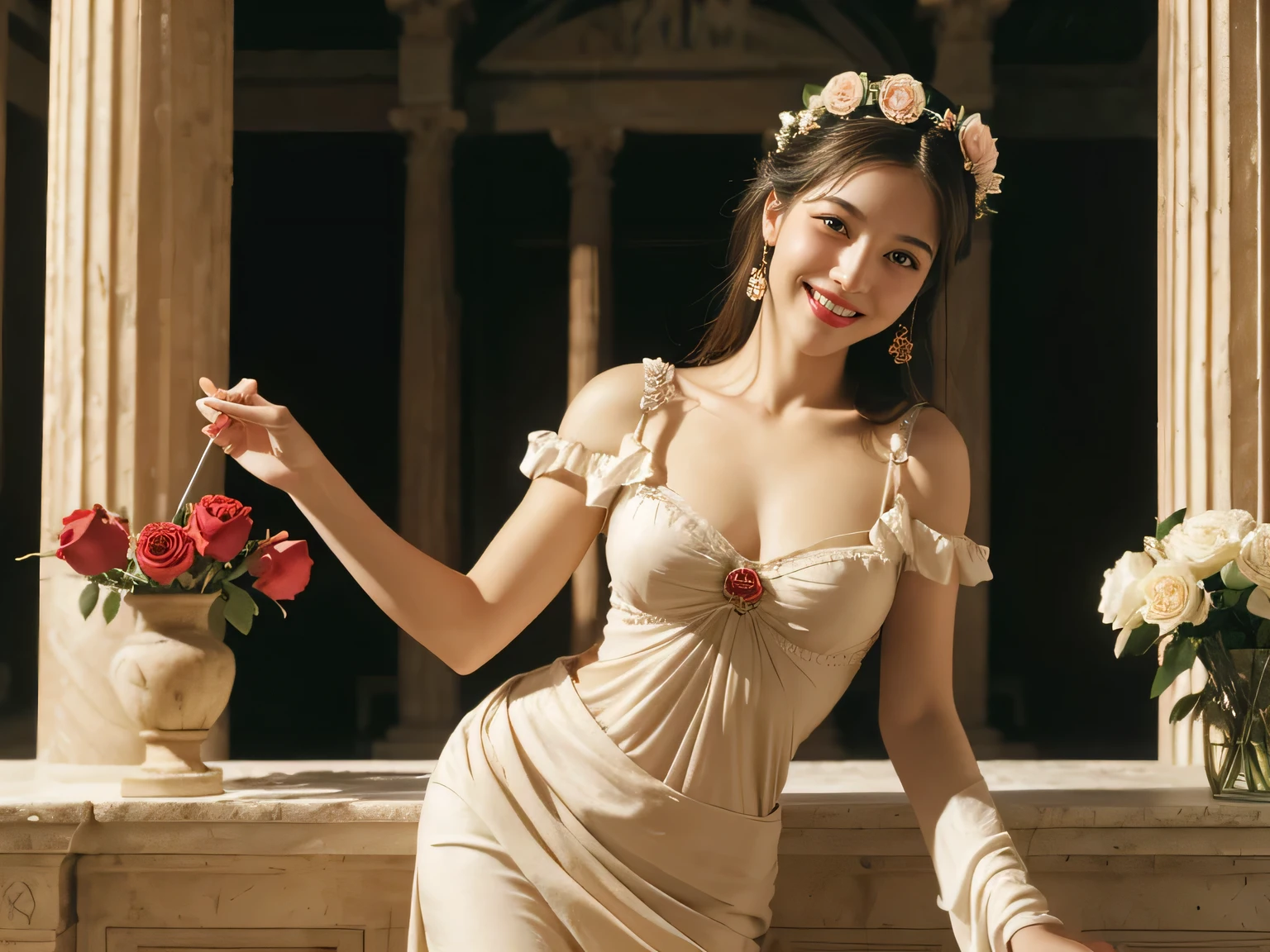Raffaello Santi painting style,Arguments of two female 、roses in vase、fruits、Cute trinkets、smile、ancient greek costume、Woman standing on ancient Roman ruins ,A big smileare skin,