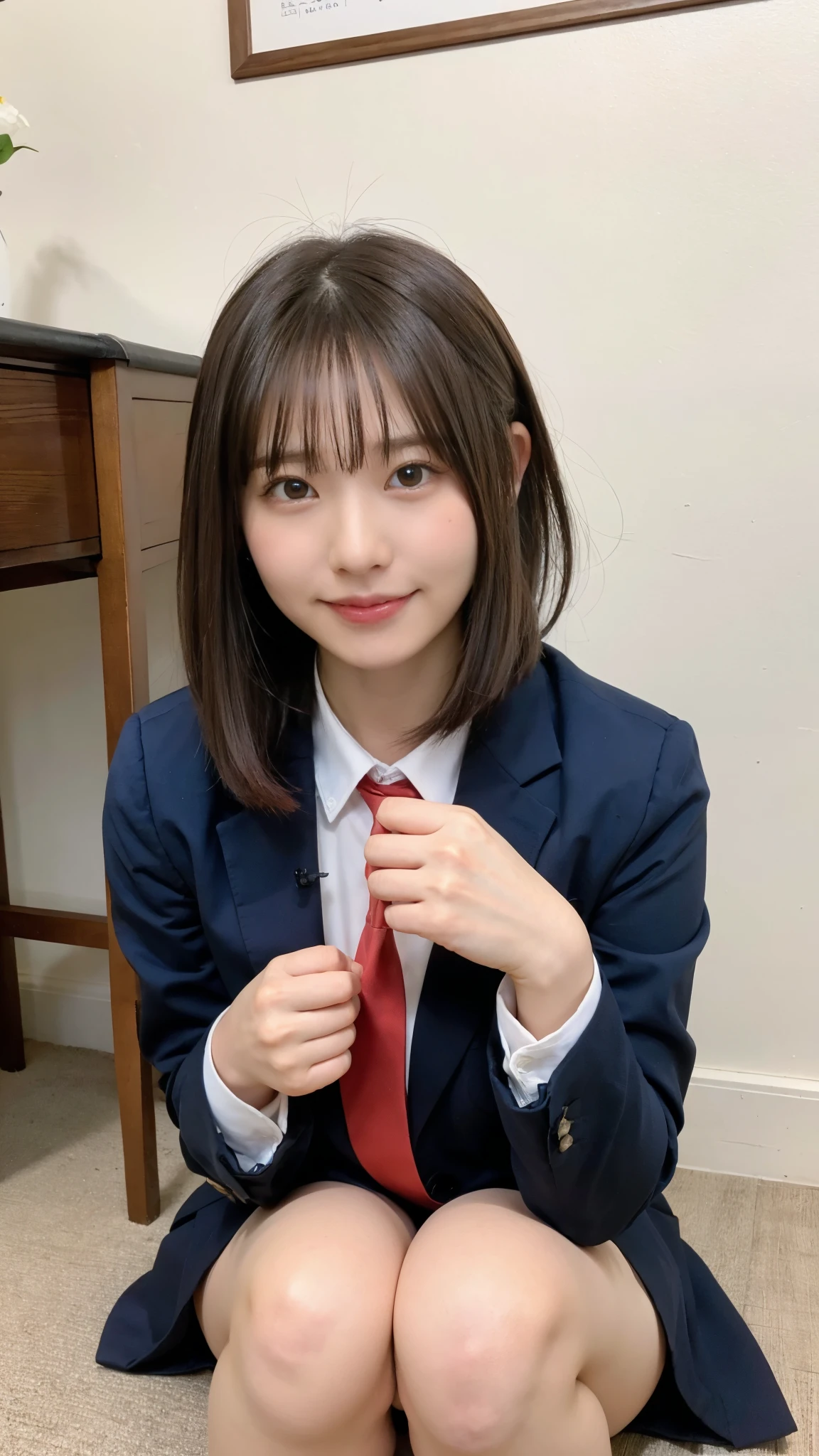 学校の教室に立つ1人のpretty girl,red tie uniform,dark blue closed blazer,Blue check super super super super mini skirt,18-year-old,brown hair short cut with side waves,best smile,I can see your beautiful thighs,knees,random pose，pretty girl，slender girl，I&#39;Iは教室の机に足を開いて座っています.，Iの肌は美しいです，Wear cute sneakers，natural makeup，