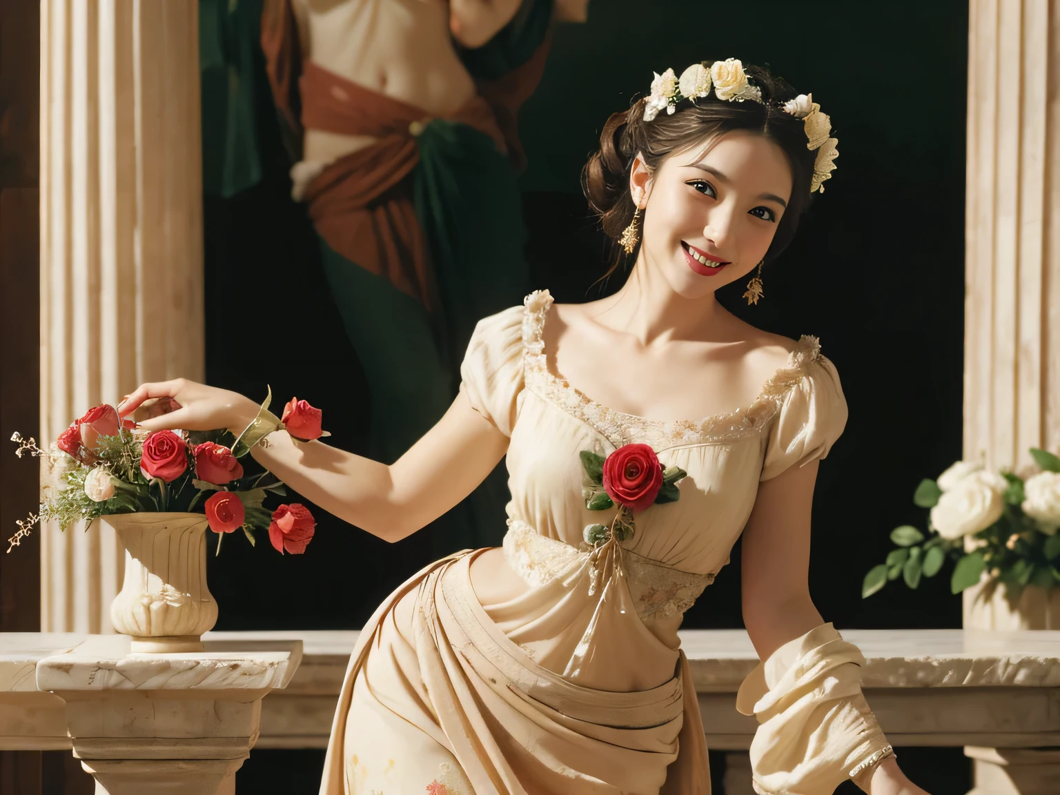 Raffaello Santi painting style,Arguments of two female 、roses in vase、fruits、Cute trinkets、smile、ancient greek costume、Woman standing on ancient Roman ruins ,A big smileare skin,