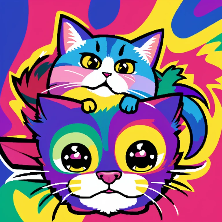 Pixel art，Cat，anger，the background is magnificent，Colorful fur，bold color pattern，One animal，Pop design，future map