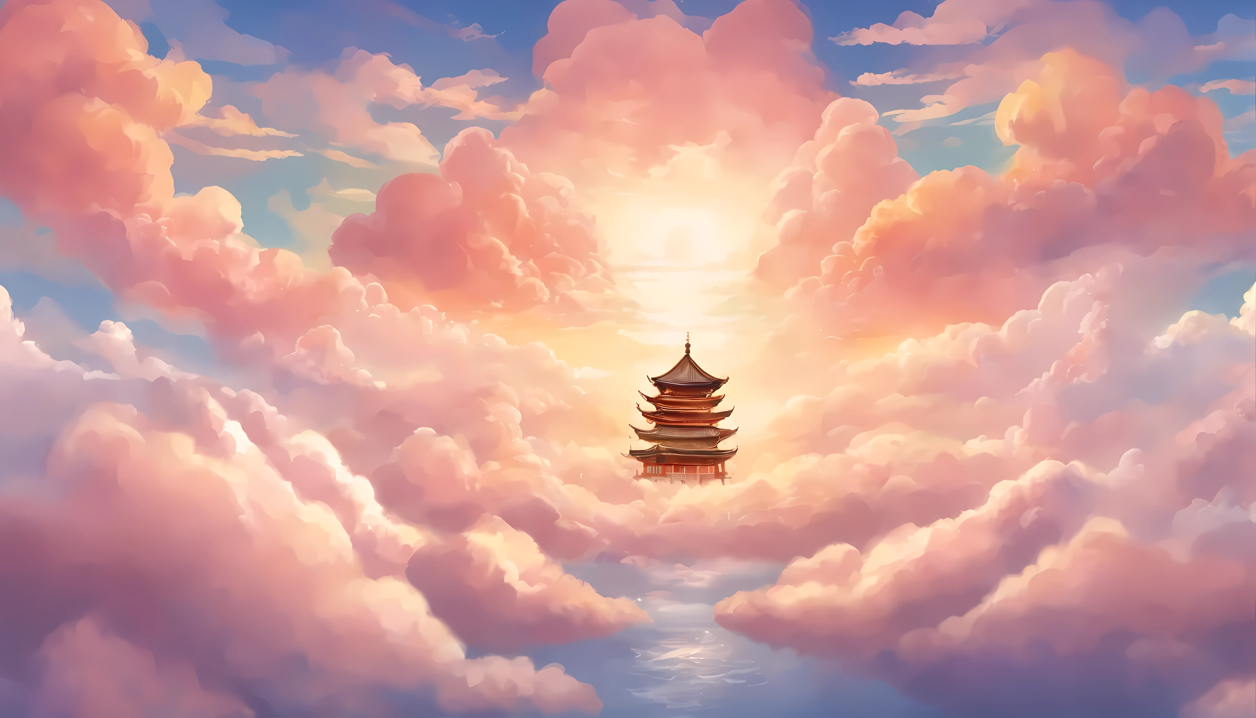 Illustrations of the Sea of Clouds and God Realm. (background, ・A fantasy world surrounded by a sea of clouds is unfolding. ・Soft Cloud, fluffy texture，bright colors，shining. ・The palace and shrine where the gods live are depicted above the sea of clouds. ・The palace and shrine seem to be floating on the sea of clouds. ・A palace in the sky floating on the sea of clouds. ・The shrine's torii gate stands above the sea of clouds. ), (people, ・Depicting gods flying in the sea of clouds. - Each god has a unique appearance. ・The gods spend time happily above the sea of clouds. ),