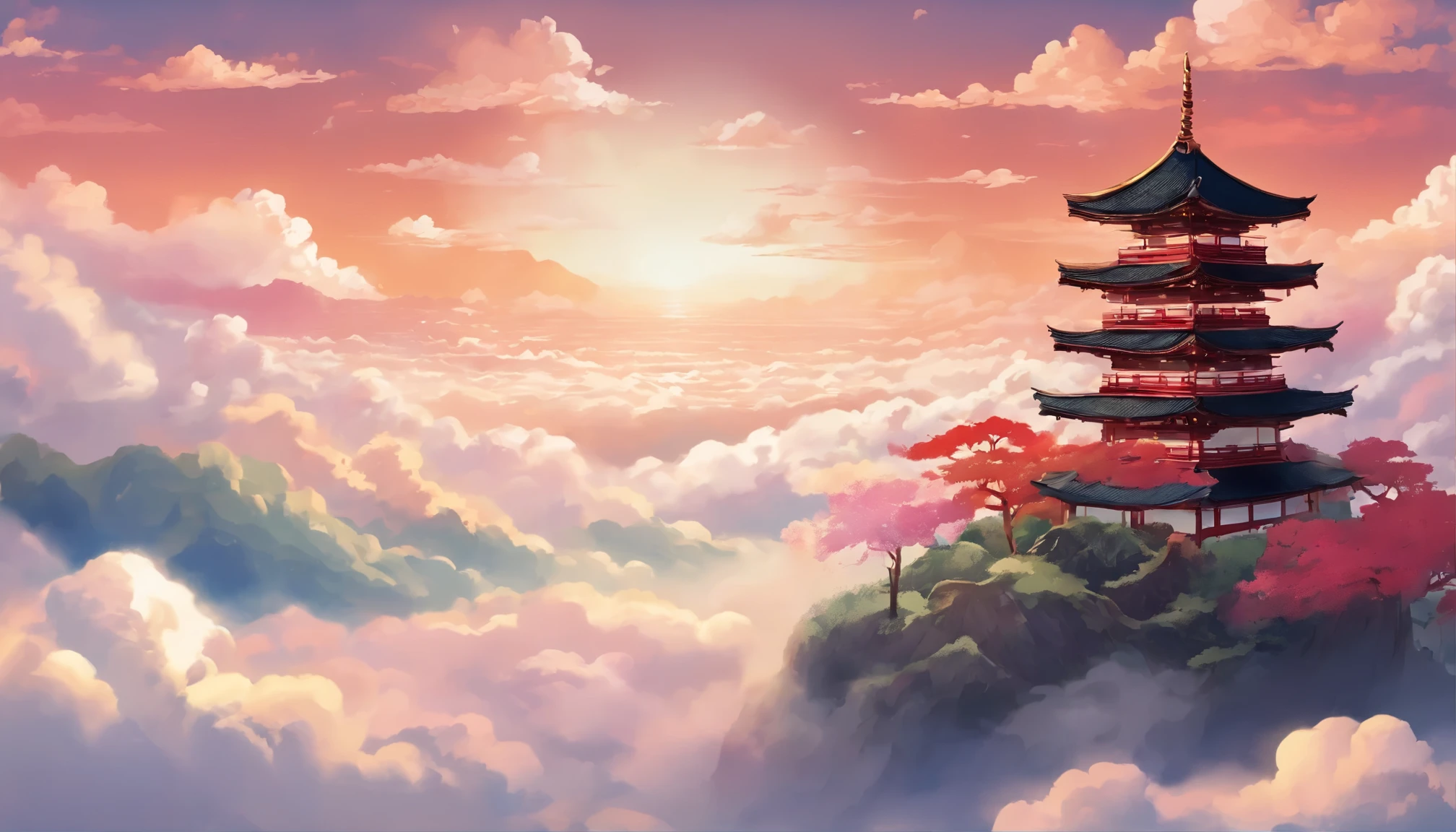 Illustrations of the Sea of Clouds and God Realm. (background, ・A fantasy world surrounded by a sea of clouds is unfolding. ・Soft clouds, Fluffy texture，Bright colors，Shiny. ・Above the sea of clouds depicts palaces and shrines where gods live. ・The palace and shrine seem to be floating on the sea of clouds. ・A palace in the sky floating on the sea of clouds. ・The shrine's torii gate stands above the sea of clouds. ), (people, ・Depicts various gods flying in the sea of clouds. - Each god has a unique appearance. ・The gods spend time happily above the sea of clouds. ),