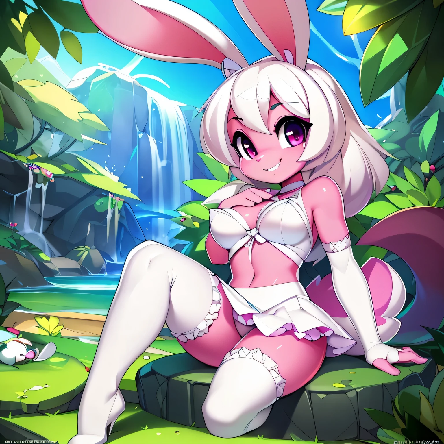 ((8k, highest quality, ultra-high detail)), (4k, masterpiece), volumetric lighting, bloom, enchanted garden, being watched, ((cute, shortstack, young, bunny girl)), (magenta skin, pink fur, tiny waist, medium breasts, white hair), frilly white dress, thigh highs, happy smile, mischievous, shiny skin, (uploaded to e621, by doxy, by krokobyaka, by oughta, by slugbox, by xylas, by chromapan, by tsampikos, by teranen),