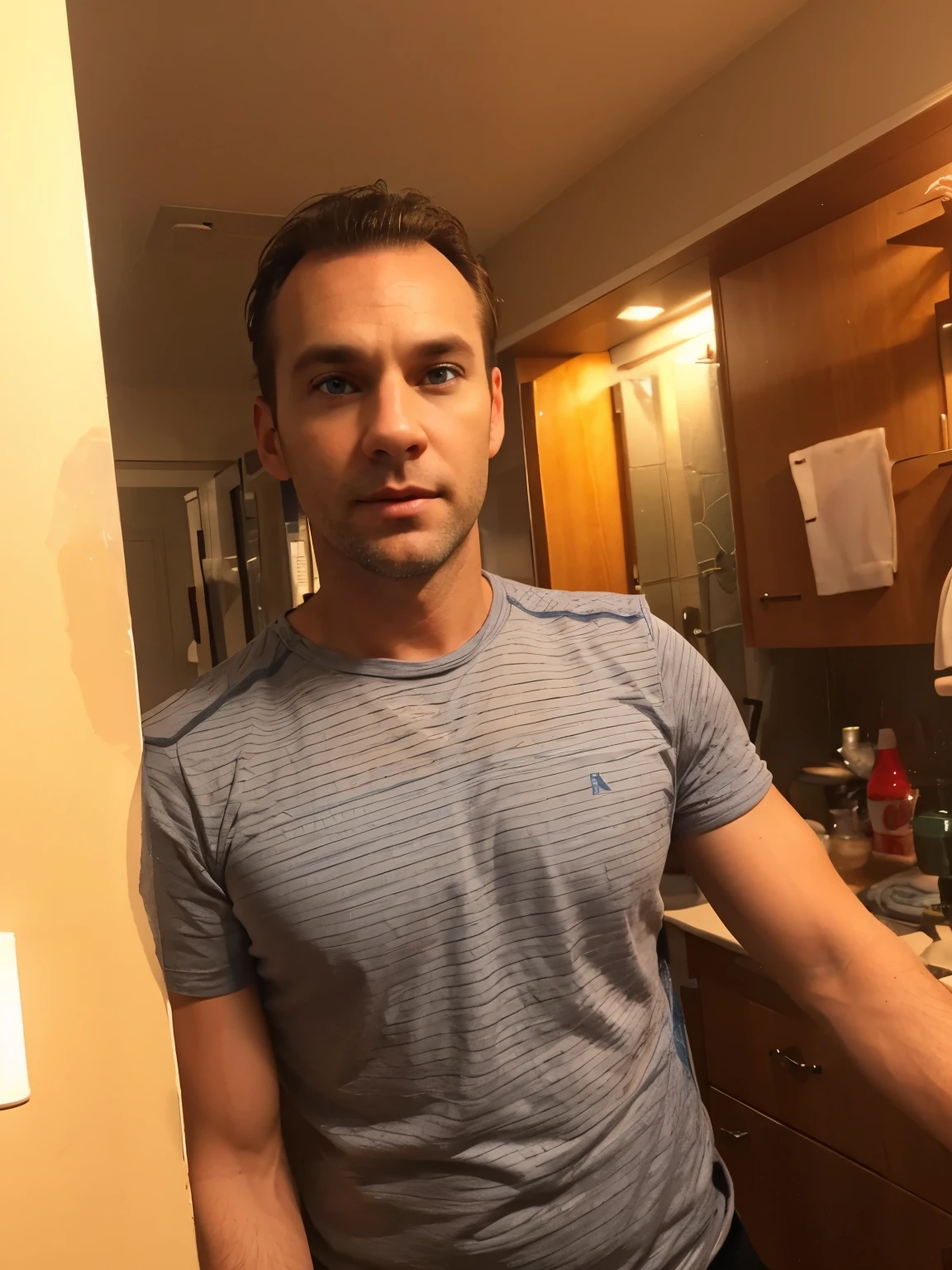Transform into a blonde blue eyed Caucasian male in his 40s with a badly receding hairline 