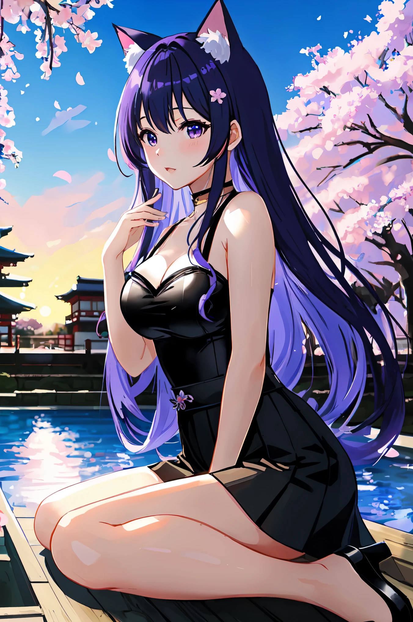 anime、1 female、bottom angle、whole body、semi-long、shiny blue and purple hair、Cat ear、curly hair、black eye、dense lips、well-groomed face、black dresini skirt、cherry blossoms、cherry blossoms吹雪、Kyoto cityscape、garden、pool、sunset、masterpiece、ultra high resolution、delicate、16k、perfect lighting