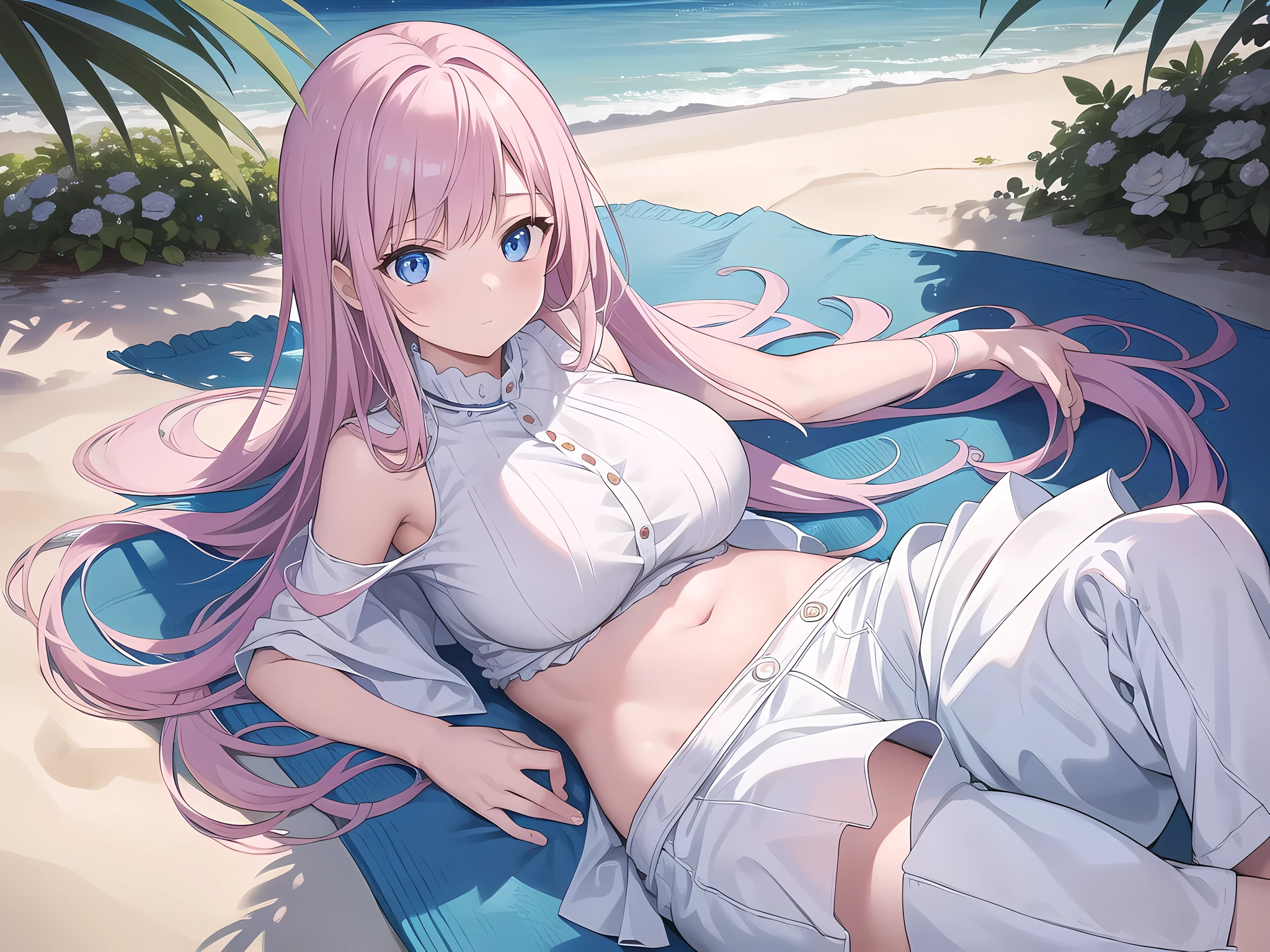 1girl, (masterpiece:1.1), (best quality:1.1), (white blouse:1.1), BREAK [blue:pink:0.5] theme, cowboy shot, full body, sideways view, looking at the audience, break pink hair, long hair, delicate facial features, blue eyes, white flowers, white top, denim miniskirt, white sneakers, lying on your side, beach, selling cute, big breast, clavage, full-body illustration