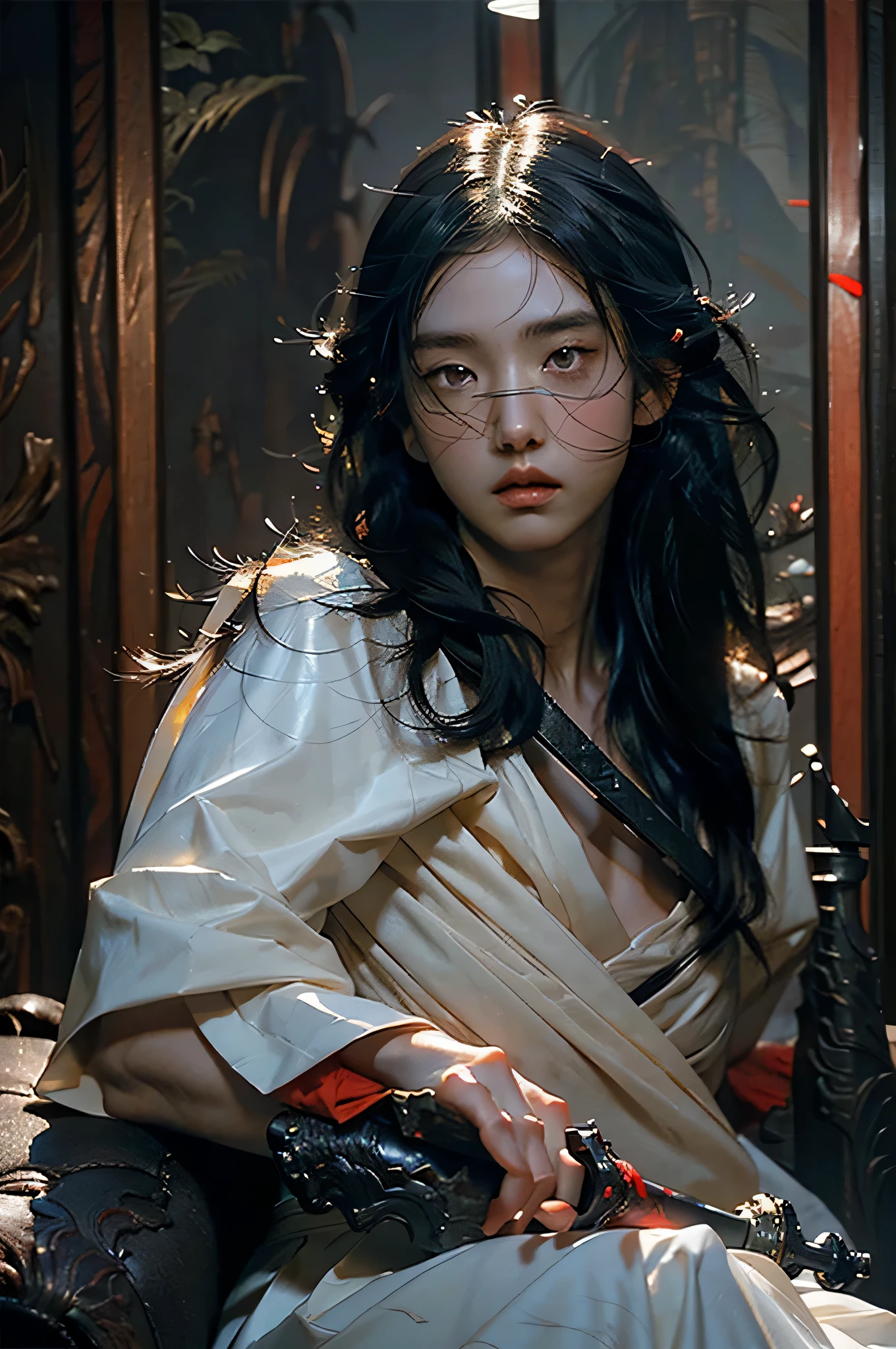 (RAW photo, 4k, realistic, exquisitely detailed skin), masterpiece, best quality, official art, unity 8k wallpaper, ultra detailed,(dark scene,low key,soft lighting:1.3), cinematic look,high saturation,best anatomy,volumetric fog,
a samurai girl, slim body, sexy, charming, seductive,cowboy shot,
1girl,weapon,sword,long hair,black hair,holding,solo,holding weapon,blood,holding sword,arm guards,simple background,blood on weapon,looking at viewer,black eyes,tabi,black hair, messy long hair
vivid illumination,
harmonious composition,
enchanting elegance, 
atmospheric depth,
cinematic lighting,
immersive atmosphere,
exceptional detail,
(stunning visuals),