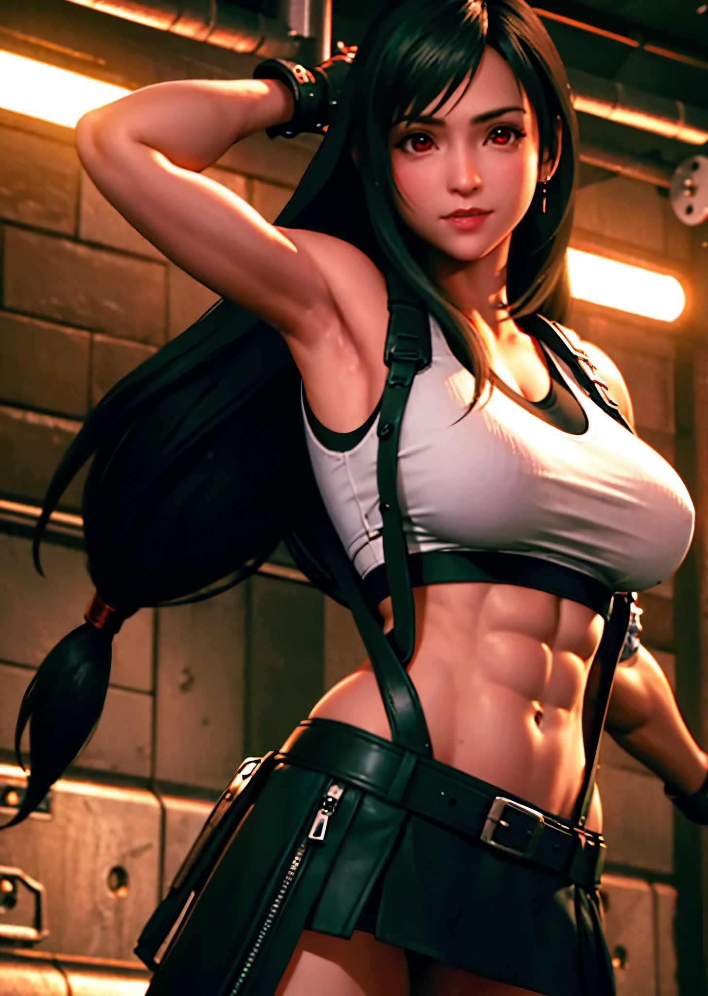 (realistic: 1.4), highest quality, very delicate and beautiful, High resolution, 1 girl, Tifa_lock heart, smile, cowboy shot, suspenders, low rise, mini skirt, Tank top, nervous shirt, black hair, long hair, elbow bag, beautiful detailed red eyes, face light, movie lighting, belly button, High exposure, exposure of the abdomen, rib, abs, big breasts, dynamic pose, dynamic angle, (abs:1.3), (muscular:1.5), biceps brachii