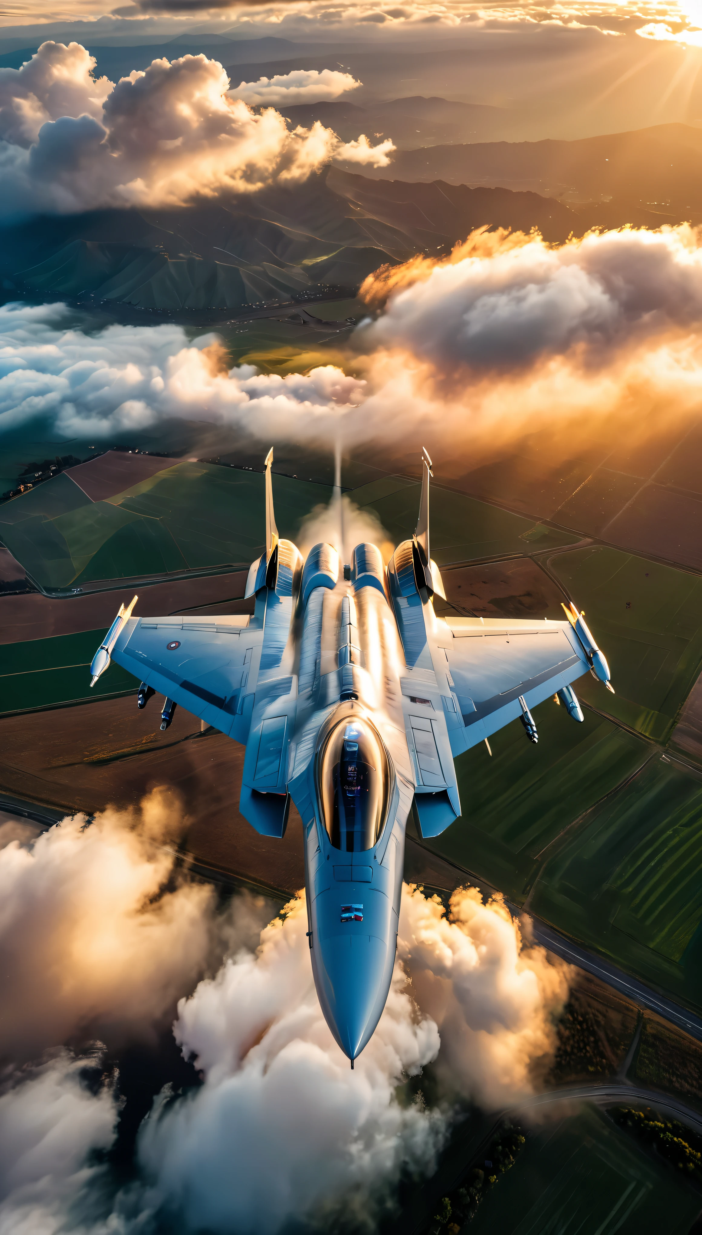 wide shot photo of Modern Fighter Jet, RAW, ((Fighter Jet):1.3), ((Majestic Decal):1.1), ((Tyndall Effect):1.2), ((Aerial view of the land beneath):1.5), ((Sunlight penetrating cloud)1.4), ((Golden Hour):1.2), (finely detailed airplane), (detailed airplane), (flying above landscape) (warm colors), breeze, breeze, reflection, (masterpiece), (perfect aspect ratio), (realistic photo), (best quality), (detailed) photographed on a Canon EOS R5, 50mm lens, F/2.8, HDR, (8k) (wallpaper) (cinematic lighting) (dramatic lighting) (sharp focus) (intricate).