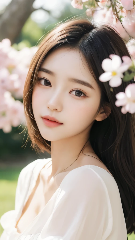 White Day, party,Best Face, Gorgeous young Korean woman,(best quality,highres),(blurry background:0.9),(shallow depth of field:0.9),(vivid expressions:1.1),bright colors,soft lighting,portrait,flowers,light breeze,pink hues,delicate,painting-like,emotions,serene,tranquil,romantic,subtle details,gentle poses,harmony,ethereal,magical,masterpiece:1.2