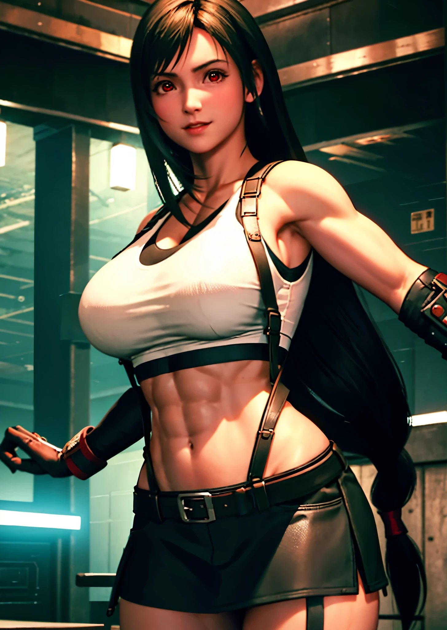 (realistic: 1.4), highest quality, very delicate and beautiful, High resolution, 1 girl, Tifa_lock heart, smile, cowboy shot, suspenders, low rise, mini skirt, Tank top, nervous shirt, black hair, long hair, elbow bag, beautiful detailed red eyes, face light, movie lighting, belly button, High exposure, exposure of the abdomen, rib, abs, big breasts, dynamic pose, dynamic angle, (abs:1.3), (muscular:1.5), biceps brachii