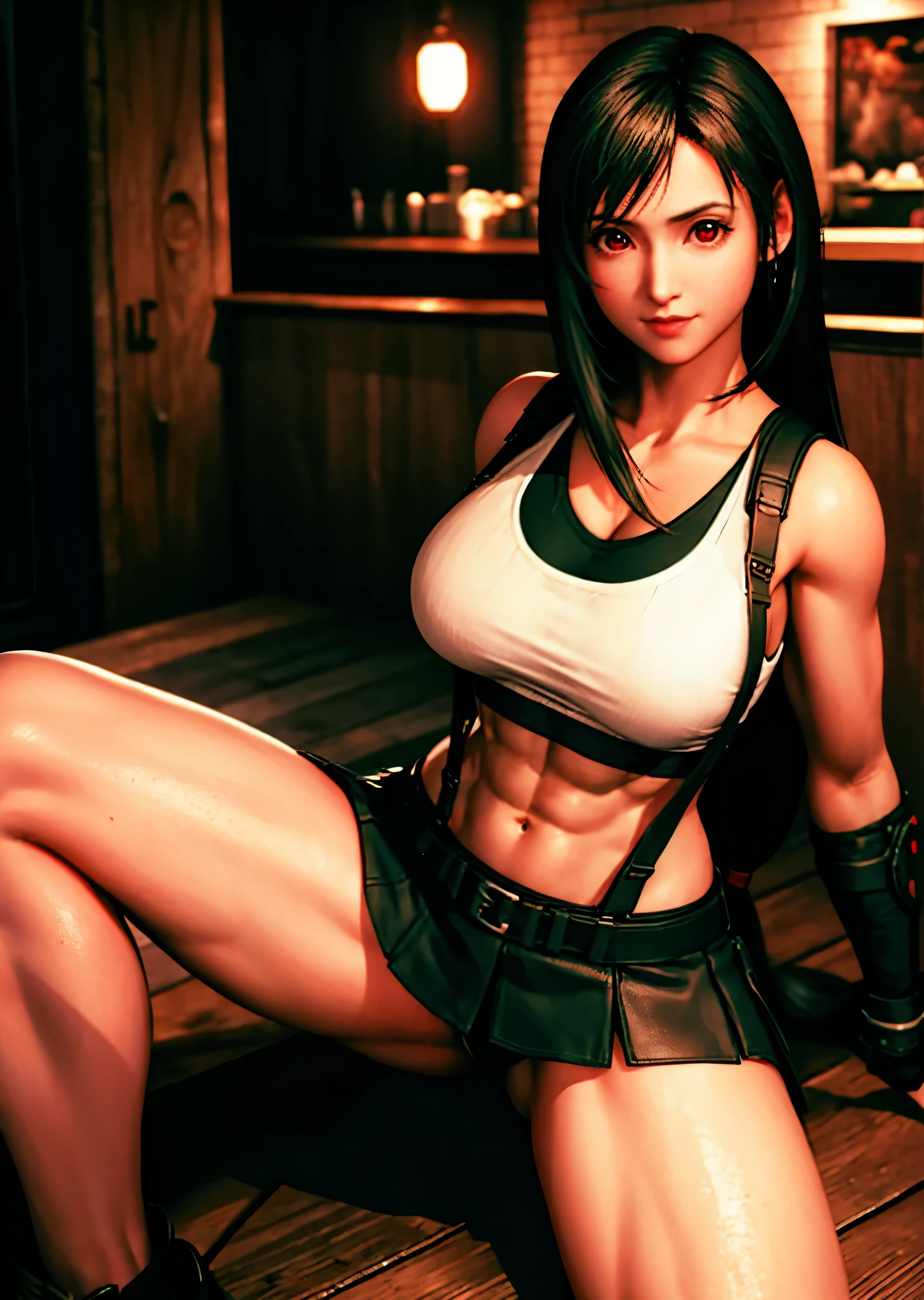 (realistic: 1.4), highest quality, very delicate and beautiful, High resolution, 1 girl, Tifa_lock heart, smile, cowboy shot, suspenders, low rise, mini skirt, Tank top, nervous shirt, black hair, long hair, elbow bag, beautiful detailed red eyes, face light, movie lighting, belly on, High exposure, exposure of the abdomen, rib, abs, big namic pose, dynamic angle, (abs:1.3), (muscular:1.5), arms behind headやspread legs, squatting