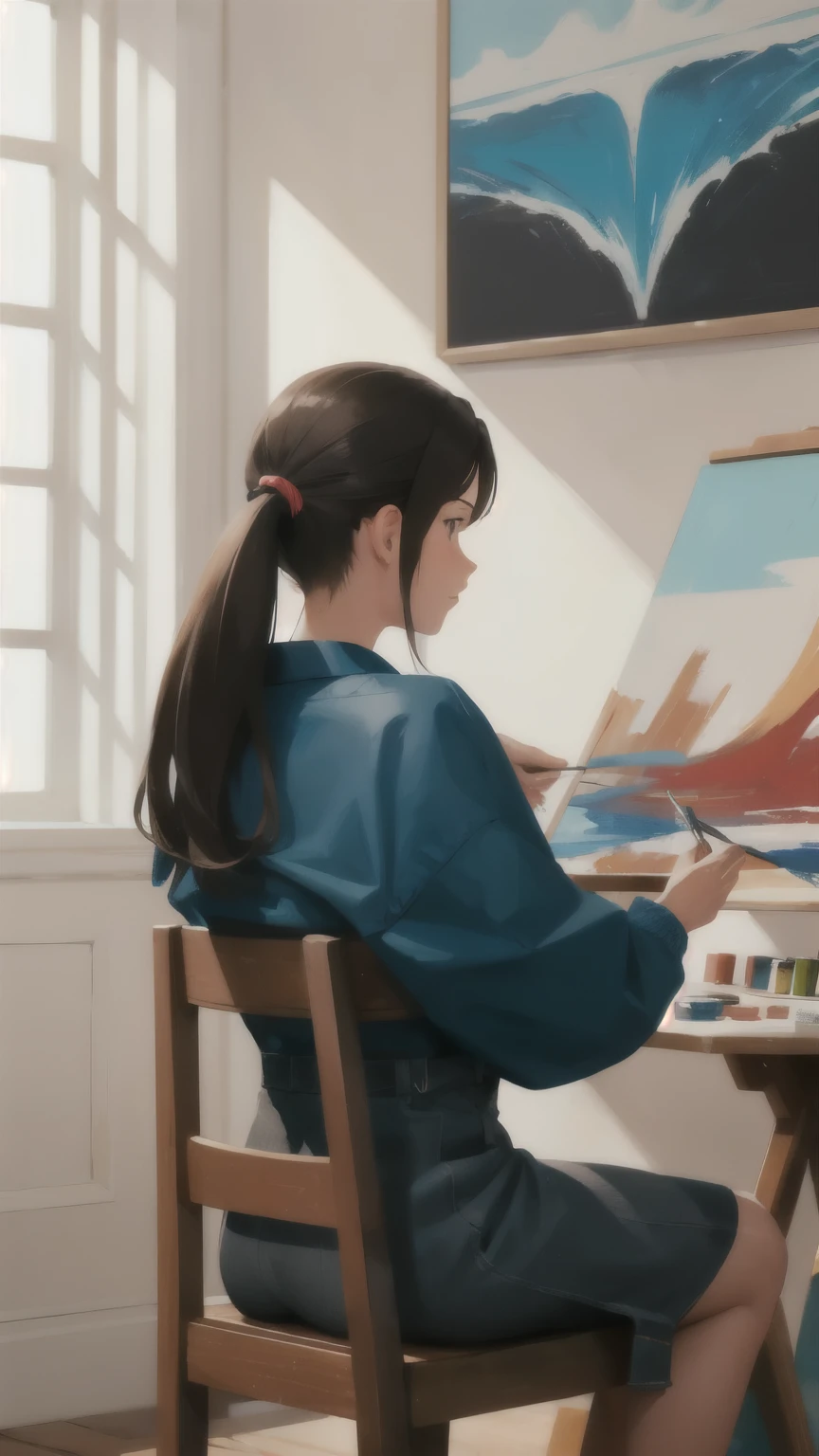 A female painter is sitting on a chair with her back to us，Painting abstract paintings