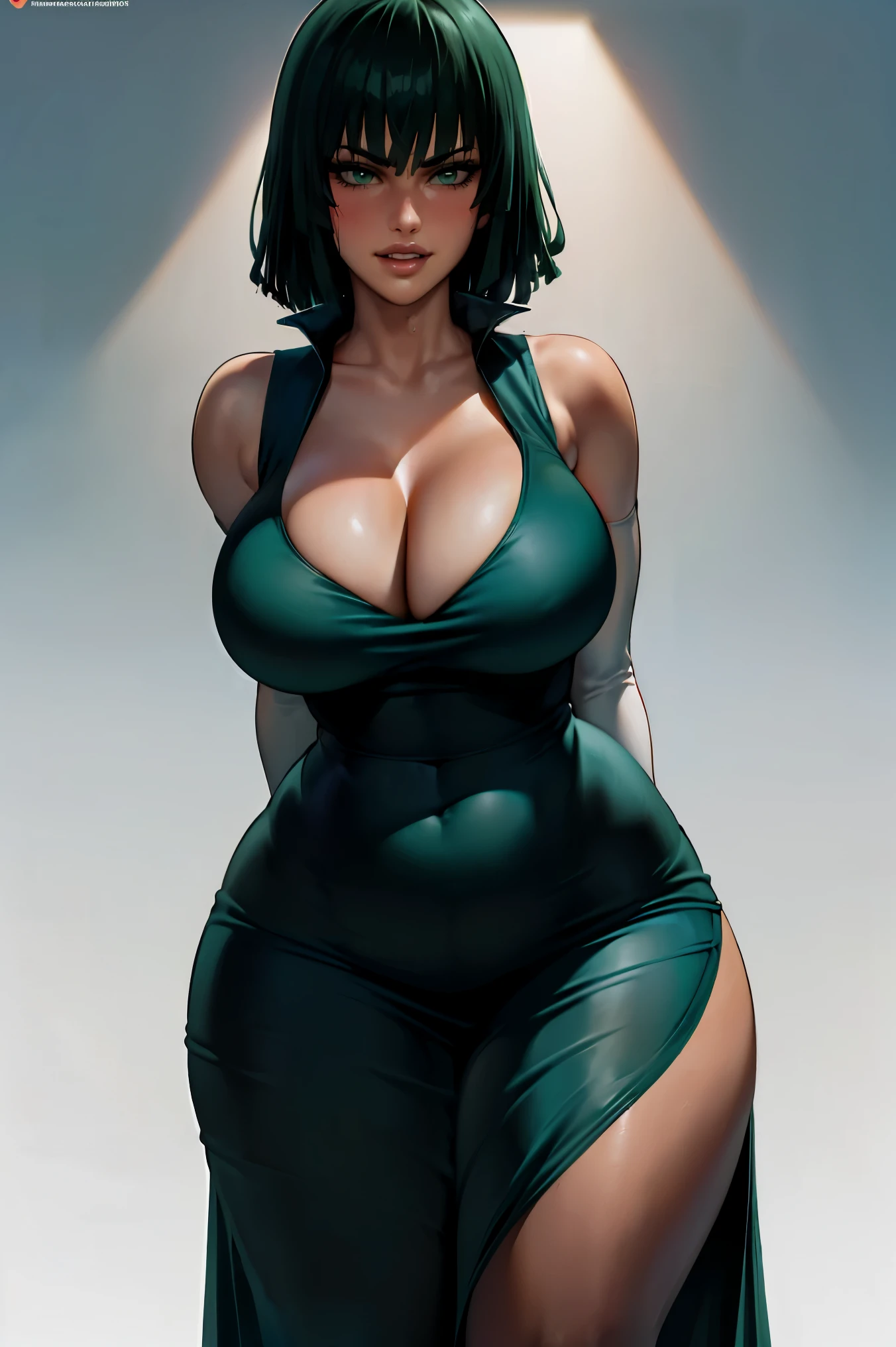 (detailed, sharp focus, masterpiece, HD, anatomically correct, best quality:1.2), shexyo, detailed face, detailed eyes, 4K, absurdres, (white background:1.3), (fubuki, green hair, green eyes, short hair:1.3), thick thighs, fat thighs, wide hips, (1girl, solo, standing, portrait, hands behind back:1.3), (thick, voluptuous, chubby, milf,plump, fat, medium breasts, big belly:1.4), sexy, hot, (thick lips, big lips, bimbolips, blush, parted lips, sexy smile, shy:1.5), (long dress, cleavage, deep cleavage, black pantyhose, sleeveless, elbow gloves:1.6)