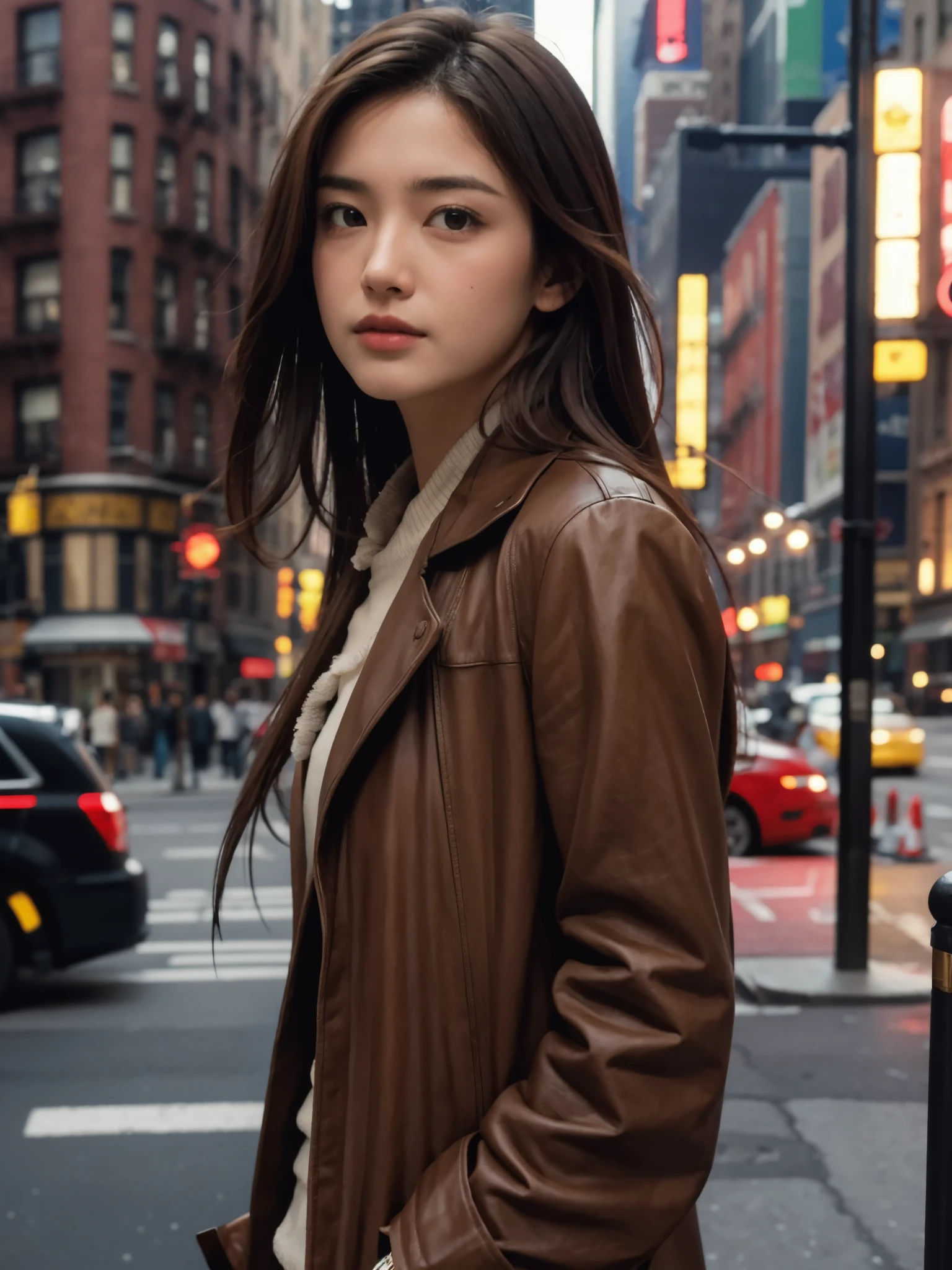 highest quality, work, (realistic: 1,2), photographic reality、photorealistic,super high resolution、detailed、high contrast、cinematic lighting、film grain、Low - Angle、whole body、whole bodyショット、steampunk、1 girl, brown hair, brown eyes, front, detailed顔, beautiful eyes、new york,manhattan