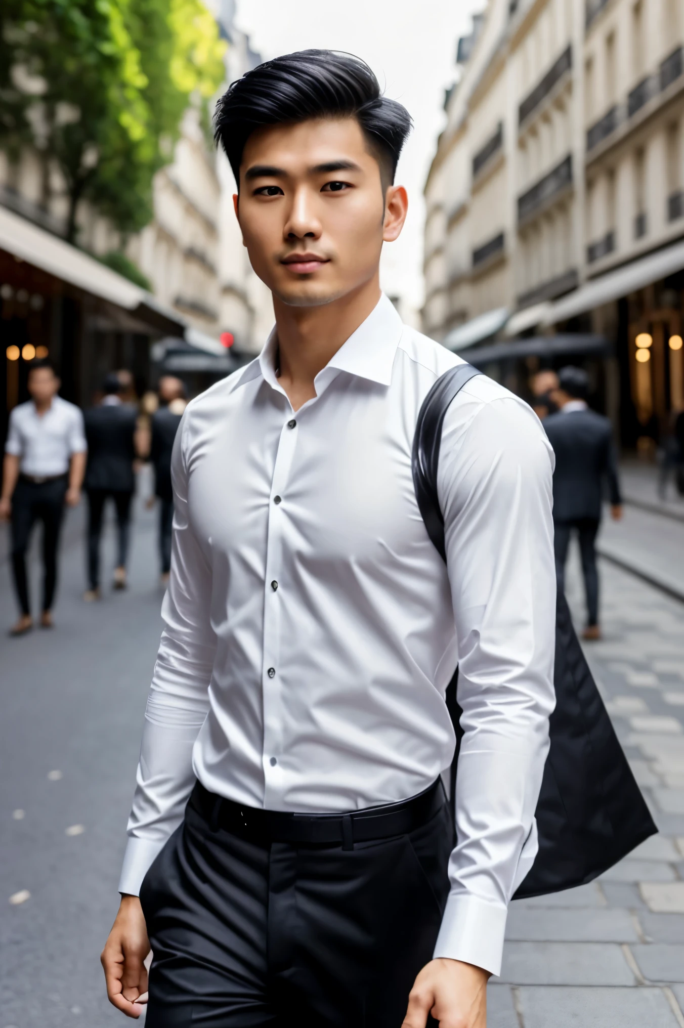 a 26 years old handsome young Asian man, black hair, detailed face, muscular,8k resolution, super detailed photo, detailed face (clean face, no beard), trending hair style - wearing formal white shirt, walking on a street in paris,