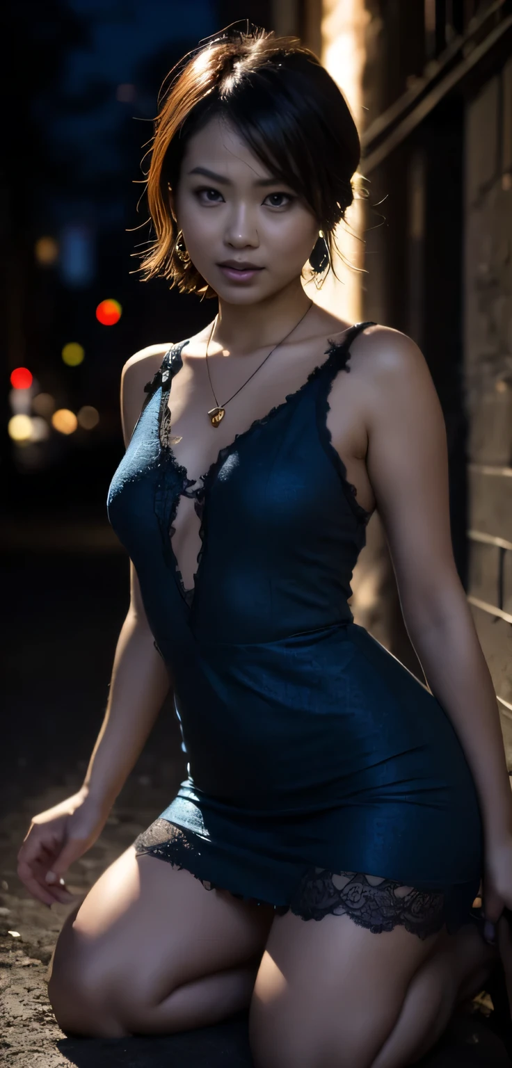 high-definition images, atmospheric perspective, 8k, super detail, accurate, best quality, young southeast Asian, light-makeup, ecstasy, lewd smile, (transparent lacy casual dress), strong sunlight, crouching, spread legs, ((thin and strong squirting)), wet body, (backlit lens flare), (a service that shows pubic in an alley at night), in the dark shadows, short hair, earrings, thin necklace,