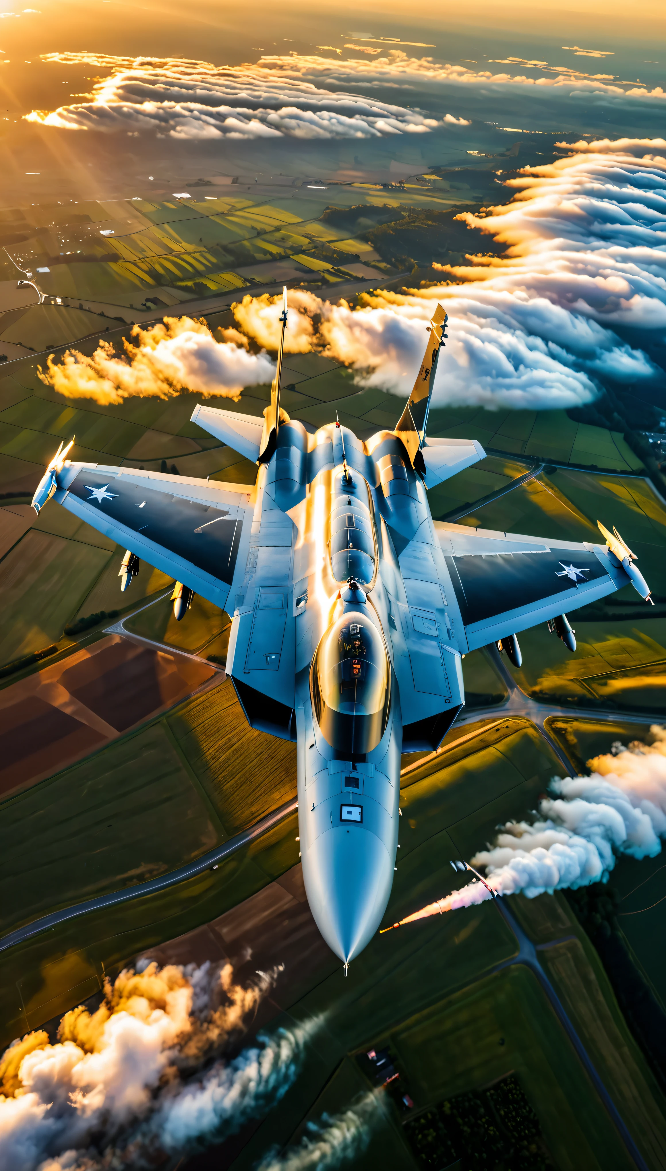 wide shot photo of Modern Fighter Jet, RAW, ((Fighter Jet):1.3), ((Majestic Decal):1.1), ((Tyndall Effect):1.2), ((Aerial view of the land beneath):1.5), ((Sunlight penetrating cloud)1.4), ((Golden Hour):1.2), (finely detailed airplane), (detailed airplane), (flying above landscape) (warm colors), breeze, breeze, reflection, (masterpiece), (perfect aspect ratio), (realistic photo), (best quality), (detailed) photographed on a Canon EOS R5, 50mm lens, F/2.8, HDR, (8k) (wallpaper) (cinematic lighting) (dramatic lighting) (sharp focus) (intricate).