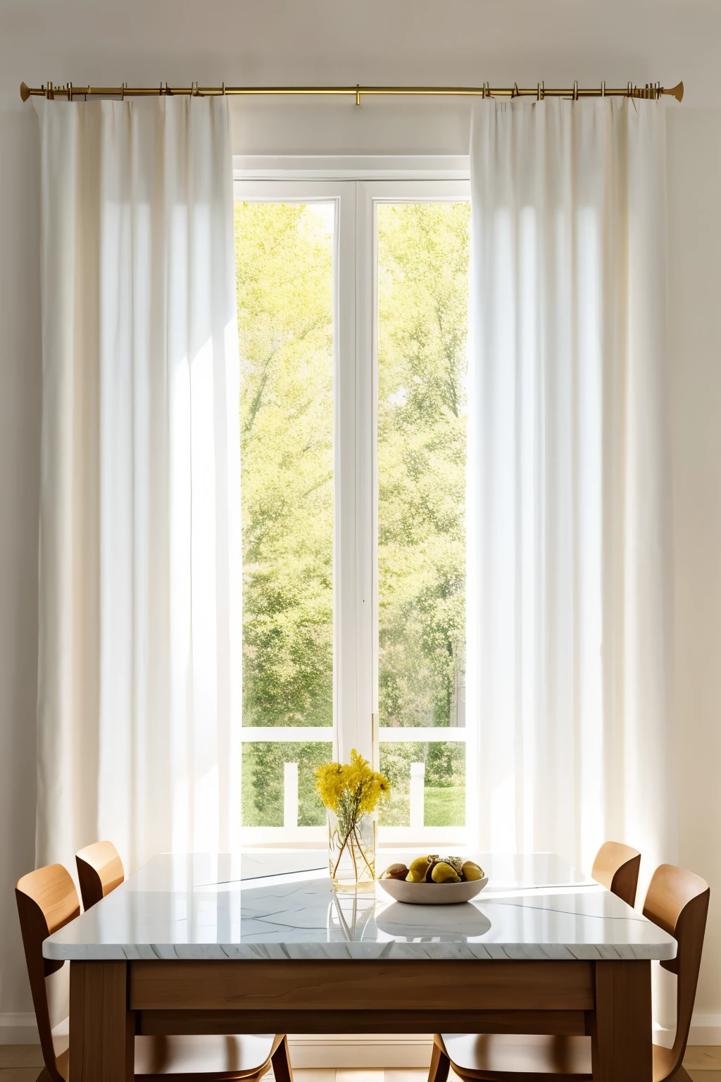 landscape，,Front window,White curtains flutter in the wind,White marble table,There was nothing on the table, With natural light as background, Warm colors,Strong light and shadow,afternoon sun, sunny morning, summer morning, High quality product photography, author：Eva Frank