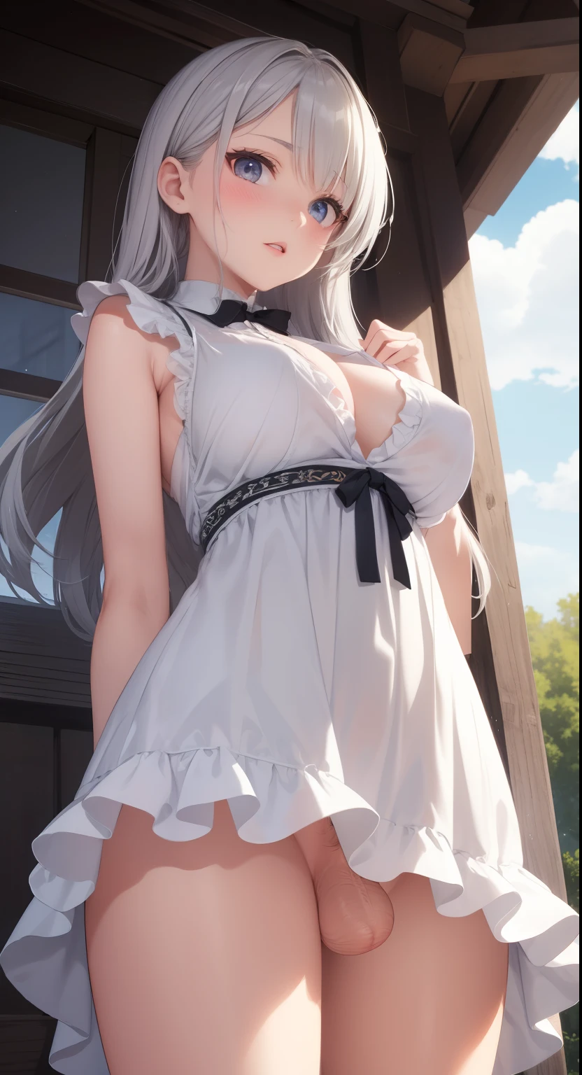 ???????????:1.5、、highest quality、very detailed、Very realistic eye masterpiece、highest quality、very detailed、gray hair、perfect face、long hair、white dress、sundress、anime、countryside、clear、thin、????、from below、frills、FUTANARI、man's daughter、?????、横from below、小さい?????、?????