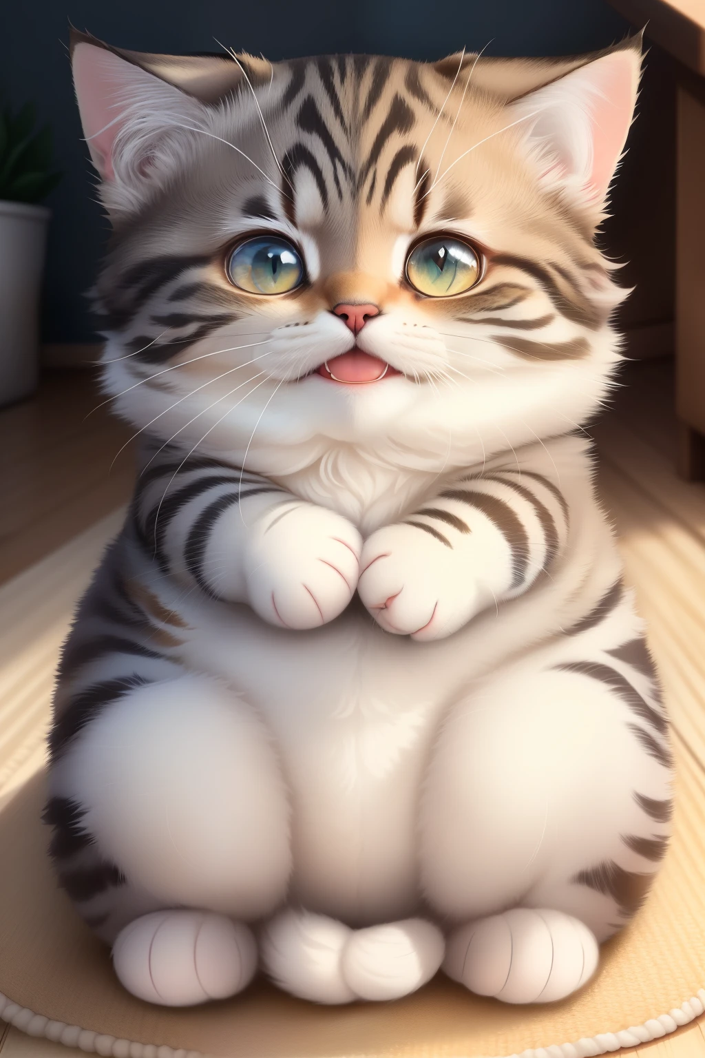 A charming and adorable cat with soft, fluffy fur and big, expressive eyes. It may be sitting quietly on a cozy mat, purring contentedly, or playfully batting at a dangling toy. Sometimes, it may curl up in someone's lap for a warm cuddle, or stretch lazily in the sun. Overall, this cute cat brings joy and comfort to anyone around it.