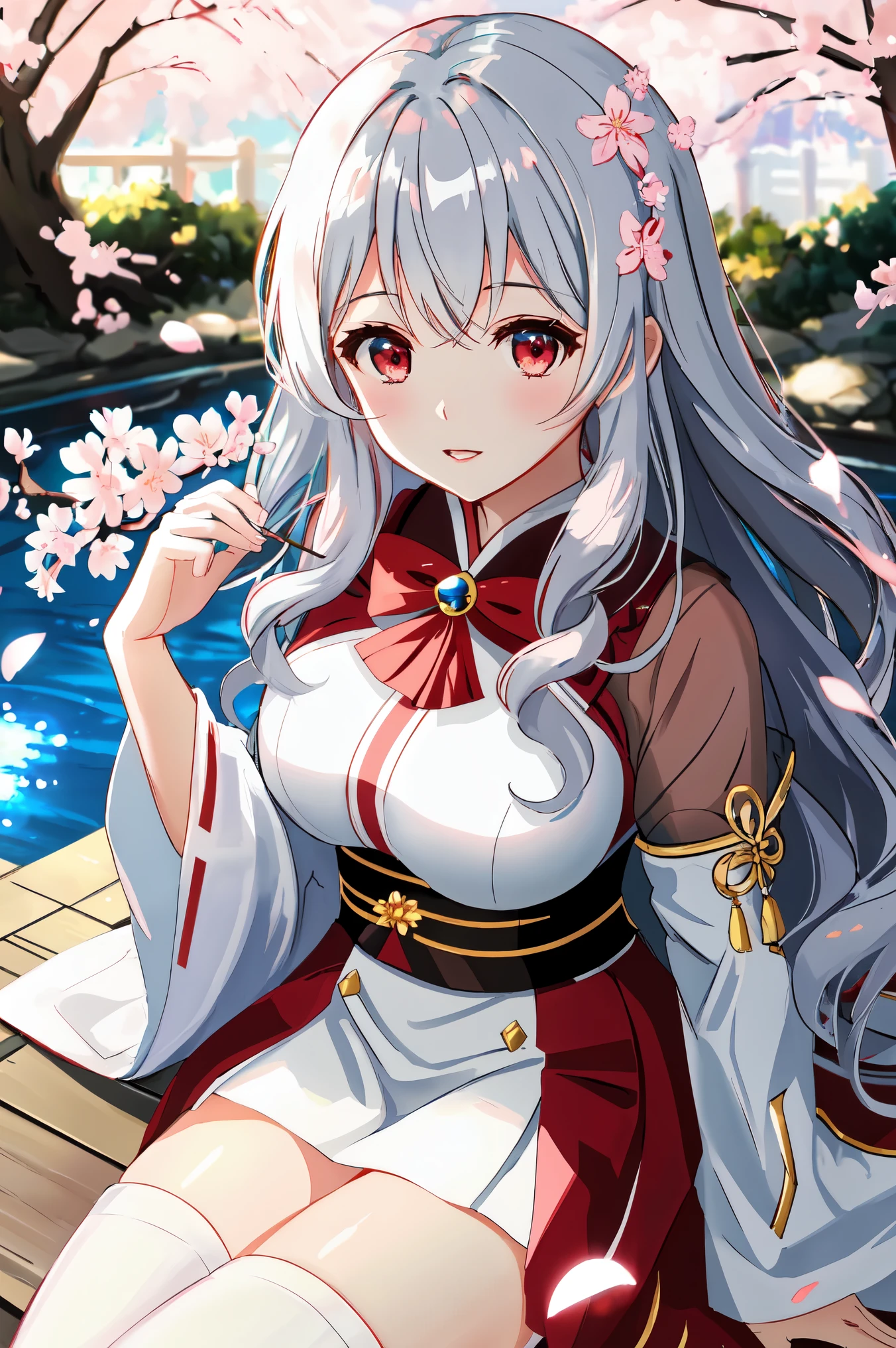 anime、1 female、whole body、semi-long、shiny silver hair、curly hair、red eyes、dense lips、well-groomed face、white dresini skirt、cherry blossoms、cherry blossoms吹雪、Kyoto cityscape、garden、pool、evening、sunset、light reflection、masterpiece、ultra high resolution、delicate、16k、perfect lighting