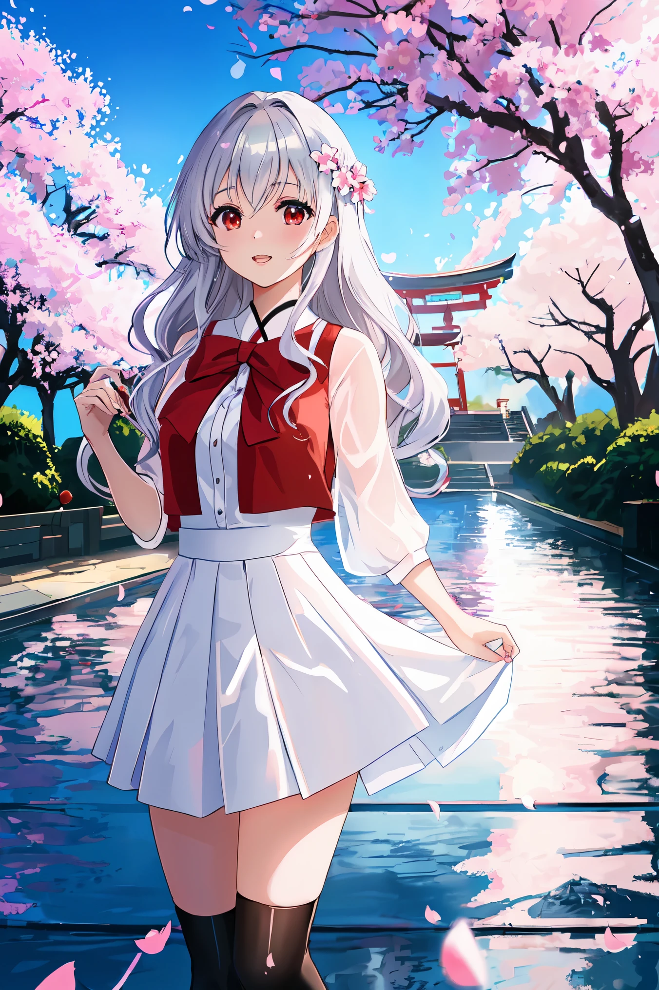 anime、1 female、whole body、semi-long、shiny silver hair、curly hair、red eyes、dense lips、well-groomed face、white dresini skirt、cherry blossoms、cherry blossoms吹雪、Kyoto cityscape、garden、pool、evening、sunset、light reflection、masterpiece、ultra high resolution、delicate、16k、perfect lighting