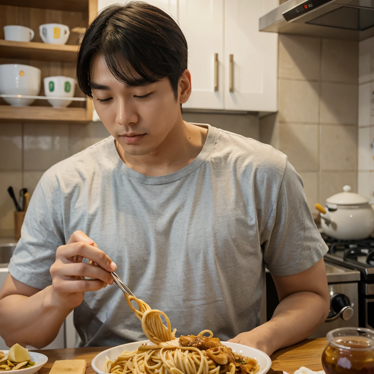 A korean man eating pasta