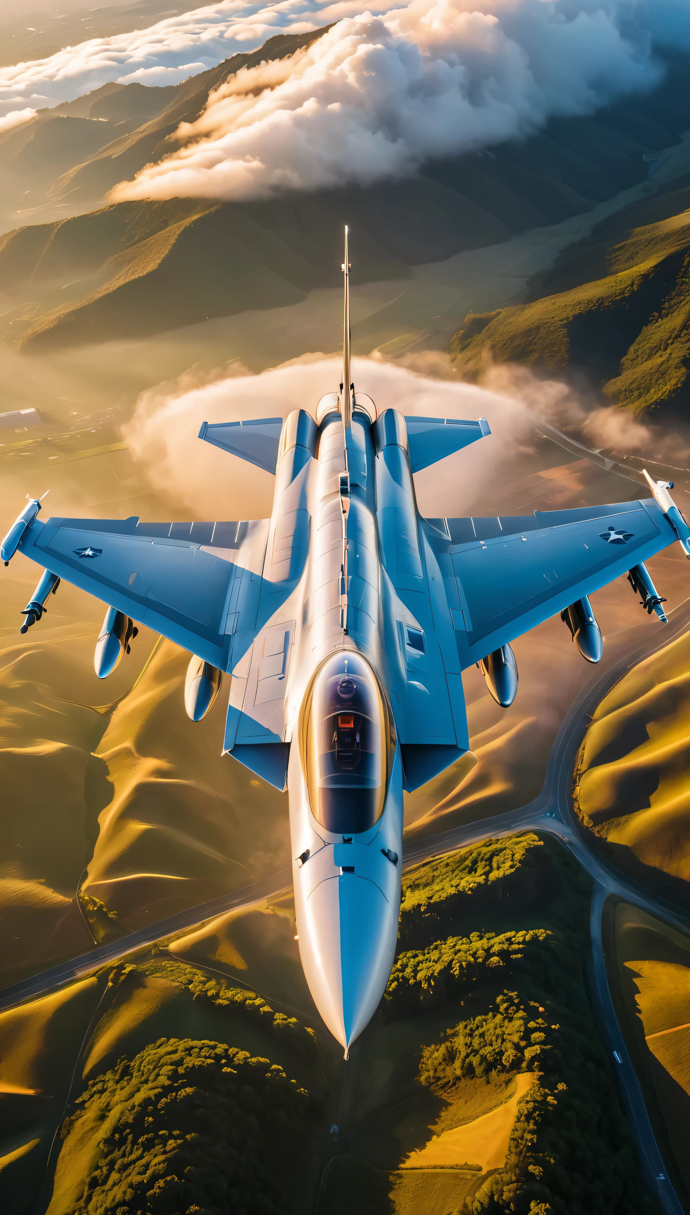 wide shot photo of Modern Fighter Jet, RAW, ((Fighter Jet):1.3), ((Majestic Decal):1.1), ((Tyndall Effect):1.2), ((Aerial view of the land beneath):1.5), ((Sunlight penetrating cloud)1.4), ((Golden Hour):1.2), (finely detailed airplane), (detailed airplane), (flying above landscape) (warm colors), breeze, breeze, reflection, (masterpiece), (perfect aspect ratio), (realistic photo), (best quality), (detailed) photographed on a Canon EOS R5, 50mm lens, F/2.8, HDR, (8k) (wallpaper) (cinematic lighting) (dramatic lighting) (sharp focus) (intricate).