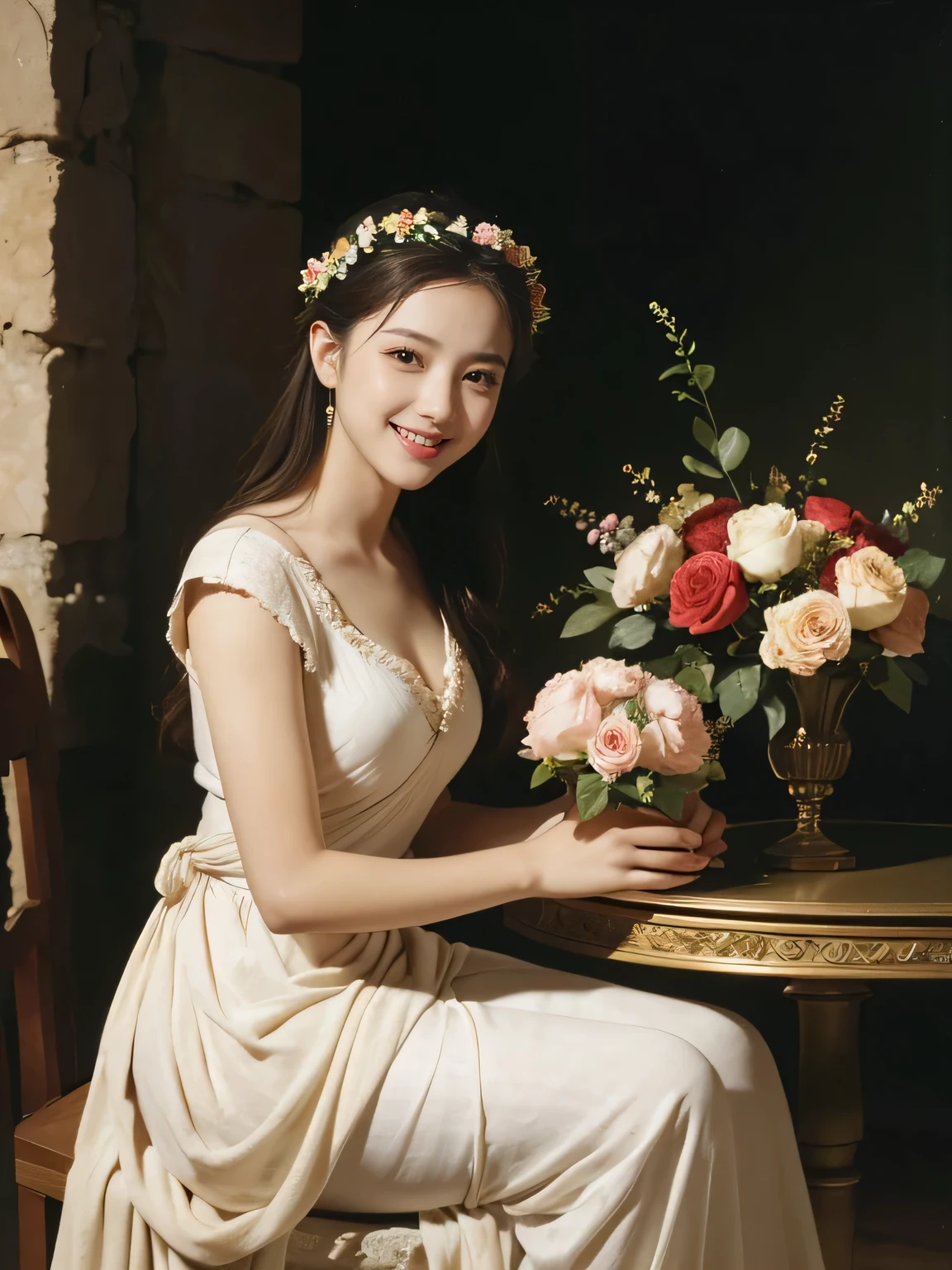 Raffaello Santi painting style,Arguments of two female 、roses in vase、fruits、Cute trinkets、smile、ancient greek costume、Woman standing on ancient Roman ruins ,A big smileare skin,