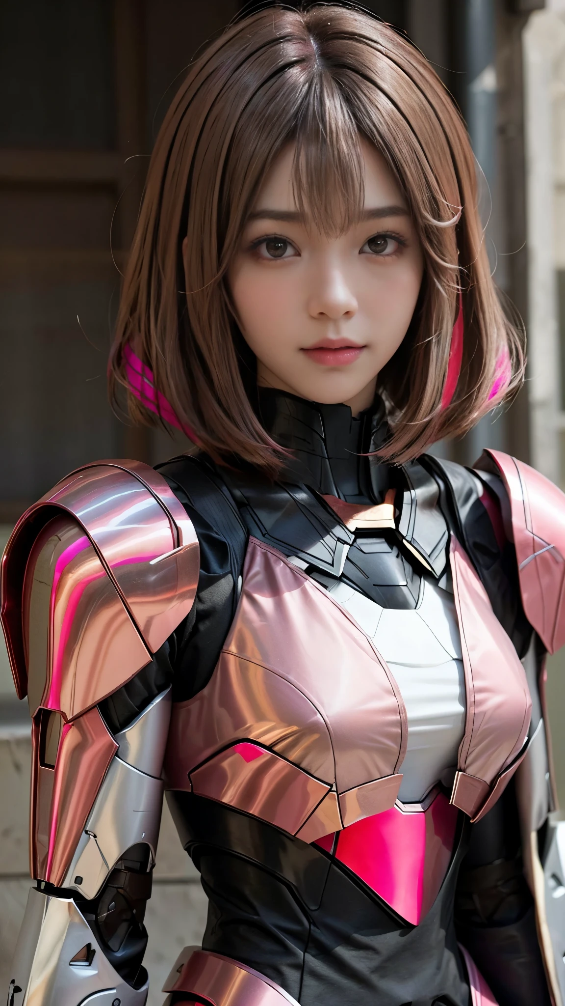 Photo of two realistic black Sazabi girls，Shortcut Bob Cut，I have a lot of hair，brown eyes，Hair color is bright pink，cool look，background is gray，16 year old daughter of Haman Khan and Char Aznable.