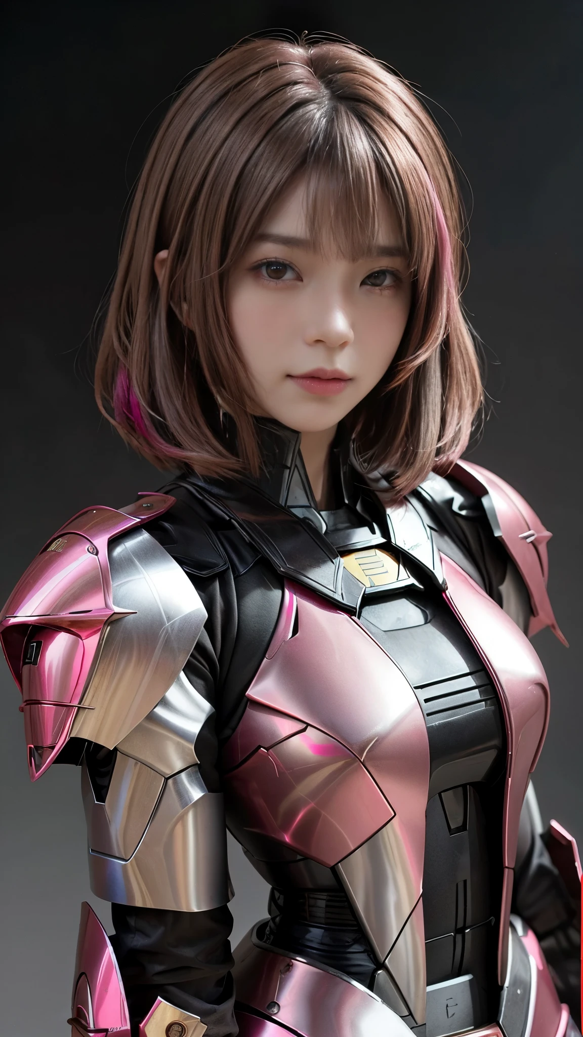 Photo of two realistic black Sazabi girls，Shortcut Bob Cut，I have a lot of hair，brown eyes，Hair color is bright pink，cool look，background is gray，16 year old daughter of Haman Khan and Char Aznable.