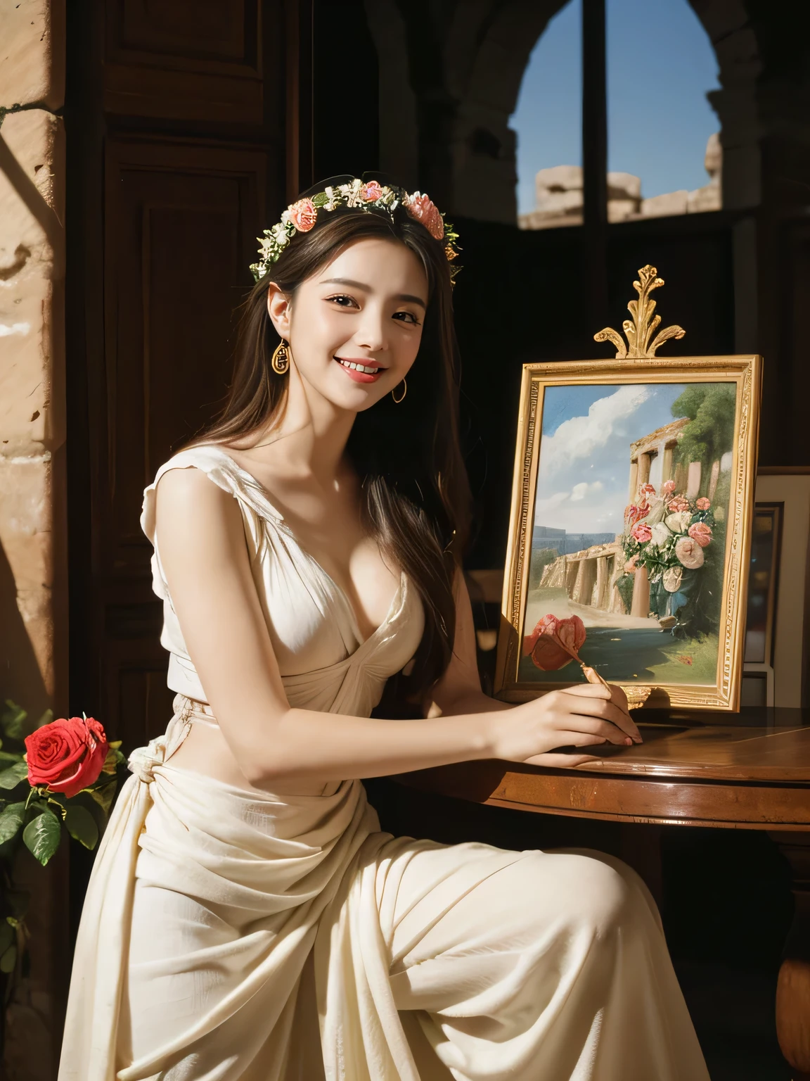 Raffaello Santi painting style,Arguments of two female 、roses in vase、fruits、Cute trinkets、smile、ancient greek costume、Woman standing on ancient Roman ruins ,A big smileare skin,