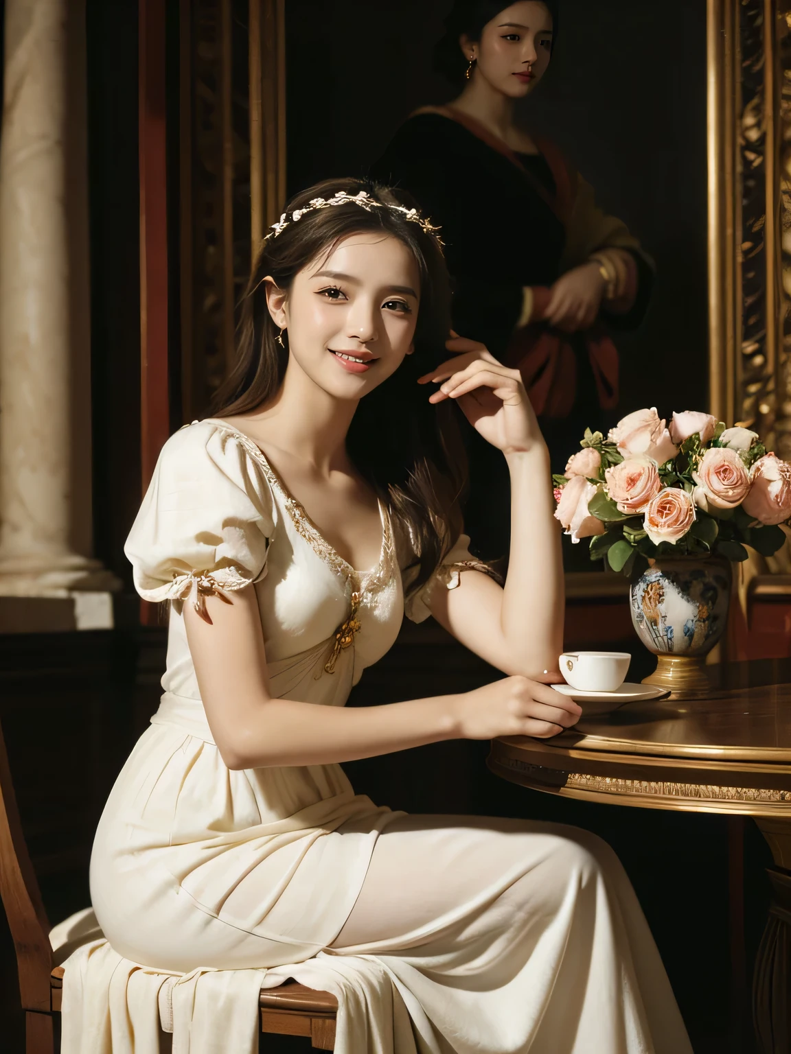Raffaello Santi painting style,Arguments of two female 、roses in vase、fruits、Cute trinkets、smile、ancient greek costume、Woman standing on ancient Roman ruins ,A big smileare skin,