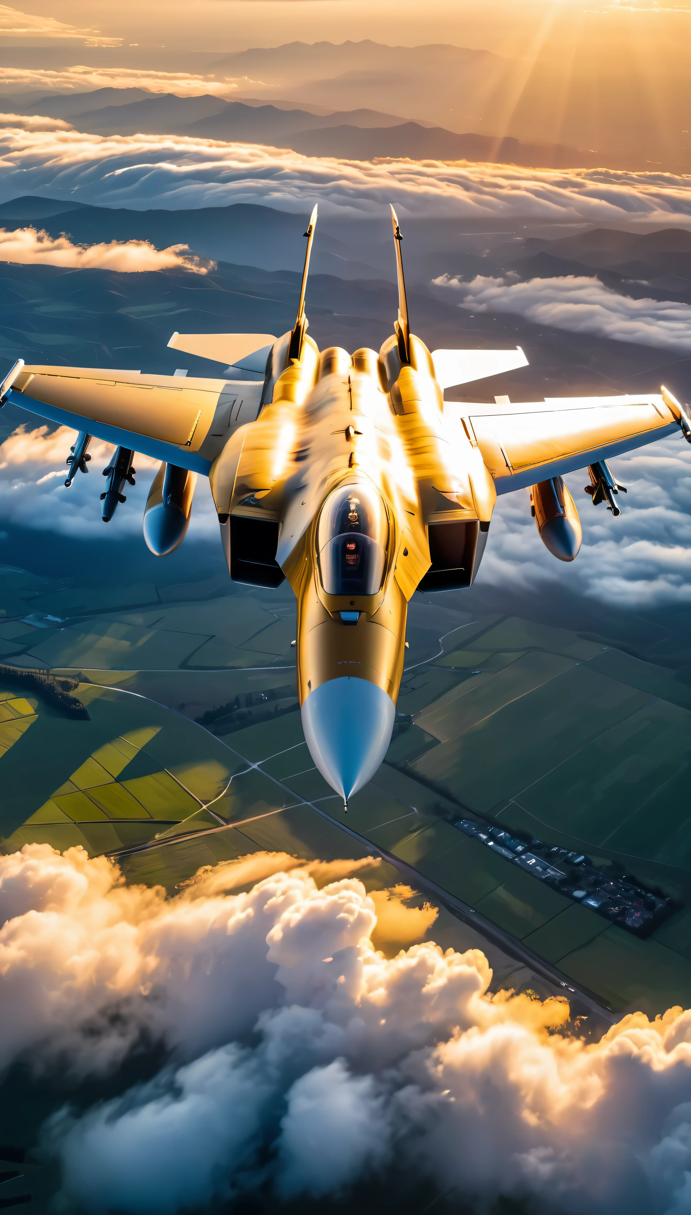 wide shot photo of Modern Fighter Jet, RAW, ((Fighter Jet):1.3), ((Majestic Decal):1.1), ((Tyndall Effect):1.2), ((Aerial view of the land beneath):1.5), ((Sunlight penetrating cloud)1.4), ((Golden Hour):1.2), (finely detailed airplane), (detailed airplane), (flying above landscape) (warm colors), breeze, breeze, reflection, (masterpiece), (perfect aspect ratio), (realistic photo), (best quality), (detailed) photographed on a Canon EOS R5, 50mm lens, F/2.8, HDR, (8k) (wallpaper) (cinematic lighting) (dramatic lighting) (sharp focus) (intricate).