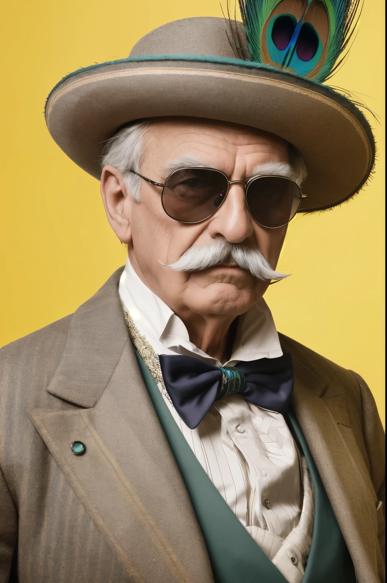 A super detailed photo,The photo shows a calm and confident elderly Victorian gentleman,Wearing a luxurious, straight, symmetrical mustache, Wear round1 sunglasses, Peacock feathers in hat, soft pastel color scheme, studio lighting, solid color background