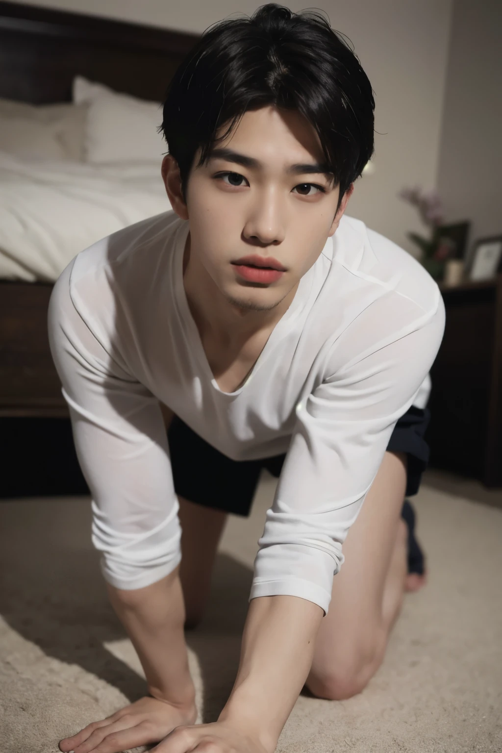 hairy legs, hairy legs, whole body, hairy legs, muscular and toned legs, two block, long legs, Japan male, 27 years old, Thin beard, wearing beige shorts, wearing a black T-shirt, very short hair, black hair