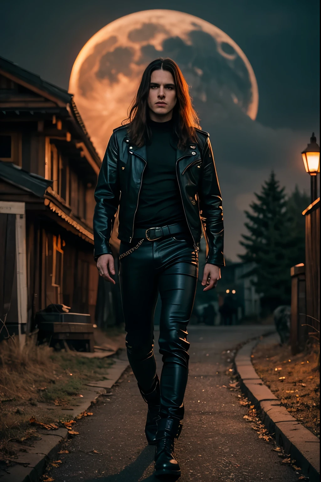 Best Quality, Masterpiece, Ultra High Resolution,( Realisticity:1.4), Original Photo, Cinematic Lighting, 1man, solo, a Nordic Metalhead Style man at night under the moonlight, tattooed, wearing ripped black pants, ((Full Body black clothes)), heavy metal style, photography, wojtek fus, heavy metal art style. realistic, datailed, detailed face, 4K.