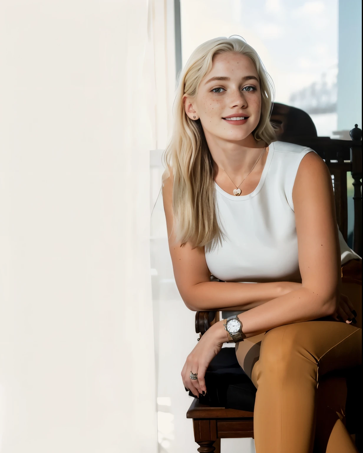 mulher, americana, 25 anos, pale skin and freckles, olhos cinzas, nariz delicado, soft and delicate lips, longo, cabelo blondie longo e ondulado na altura da cintura, sorriso meigo, face with delicate feminine facial features, furniture, vaso ornamental e quadro